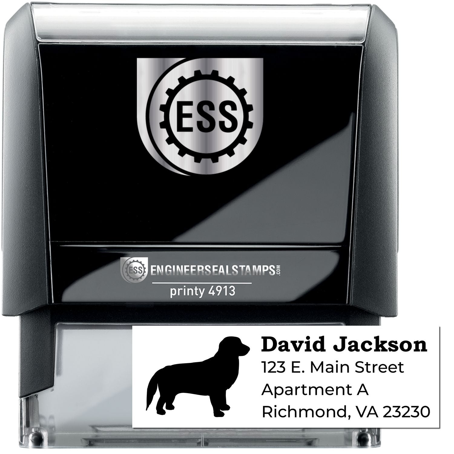 Self-Inking Golden Retriever Dog Address Stamp with a black casing, featuring a silhouette of a Golden Retriever and sample address text. Ideal for personalized mailings.