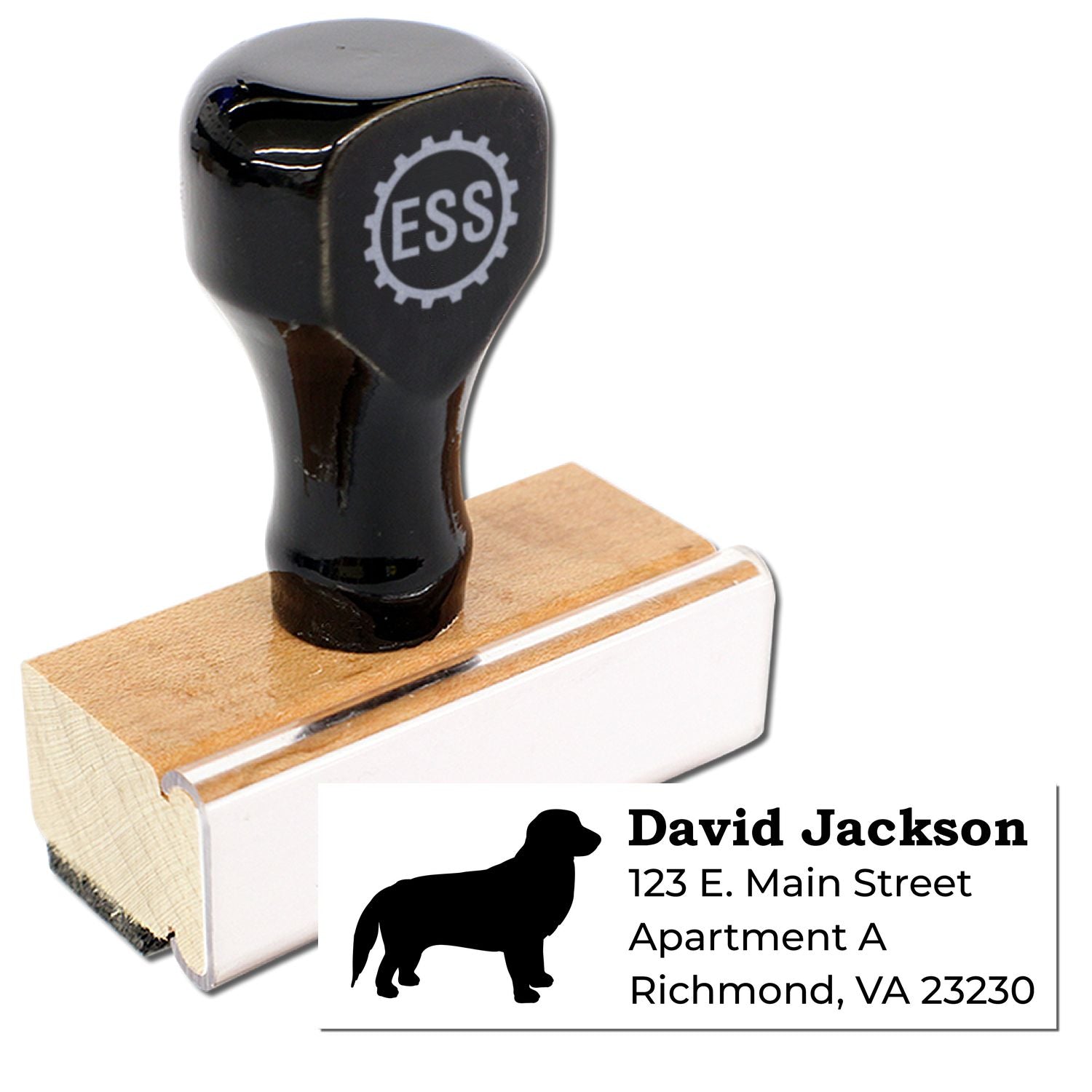 Golden Retriever Silhouette Address Rubber Stamp with a wooden handle and black top. Features a silhouette of a Golden Retriever and customizable address text. Perfect for personalizing mail.