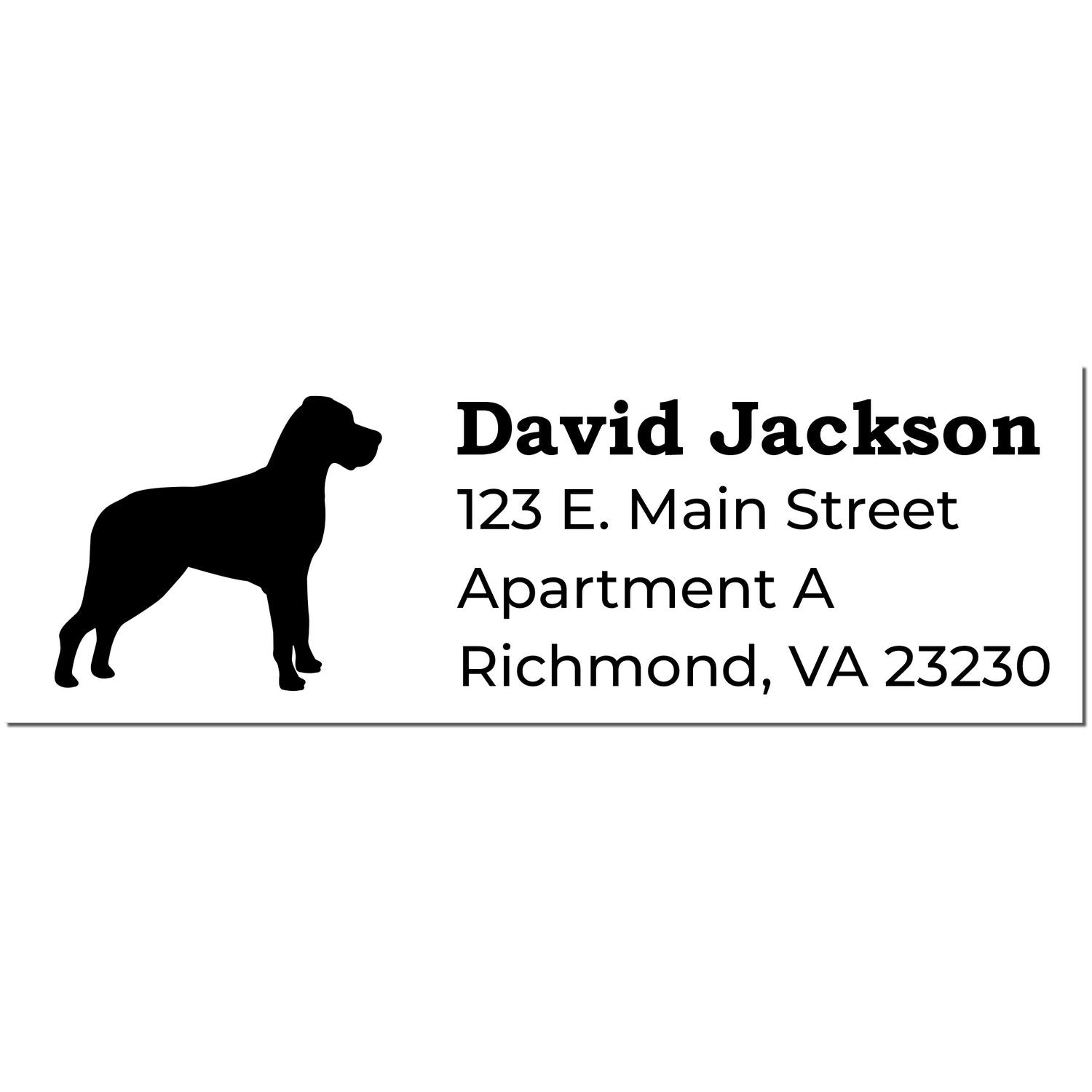 Self-Inking Great Dane Dog Address Stamp featuring a silhouette of a Great Dane beside a sample address in bold, clear font. Perfect for personalizing mail with style and ease.