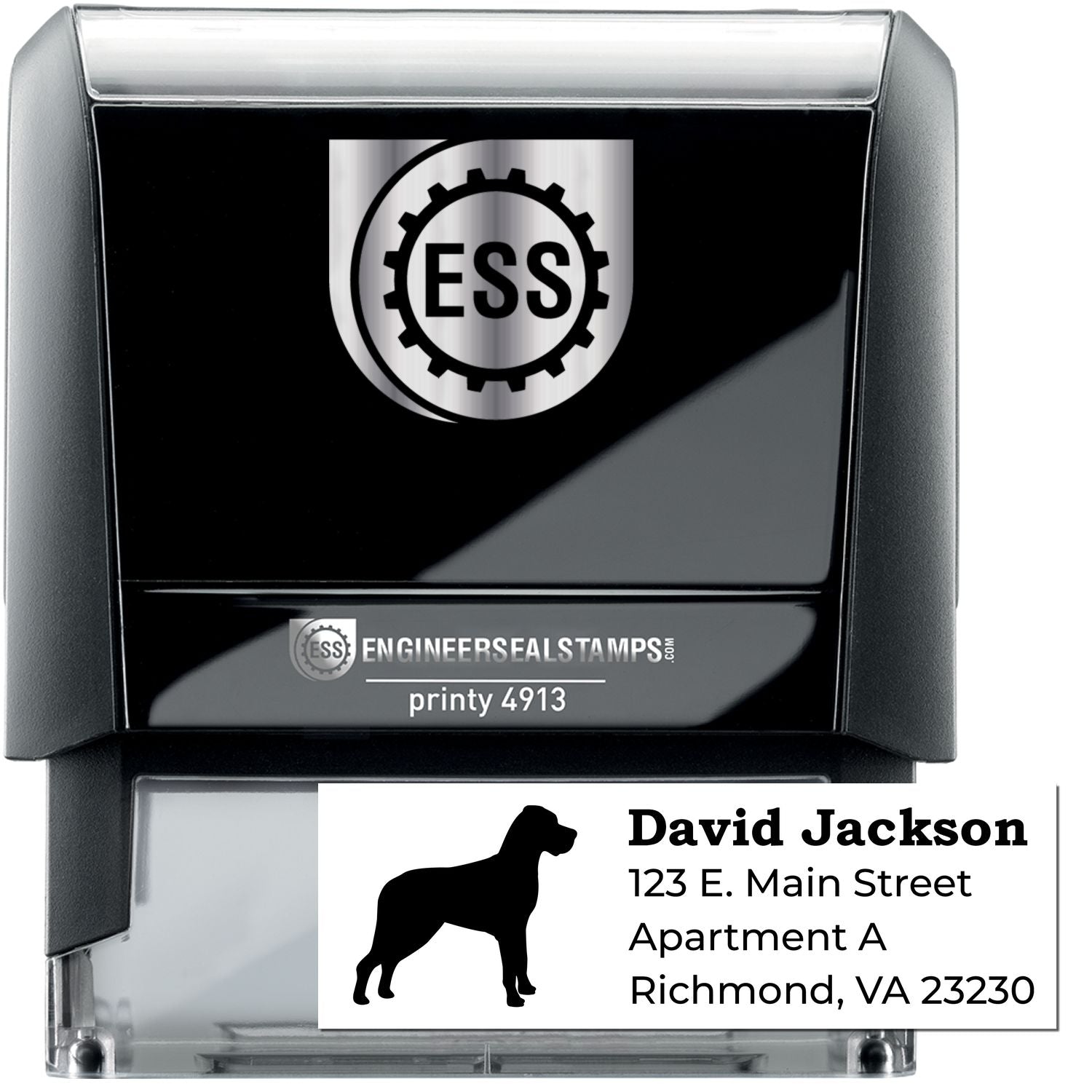 Self-Inking Great Dane Dog Address Stamp featuring a silhouette of a Great Dane. Includes customizable address text. Ideal for personalizing mail with a stylish and efficient design.