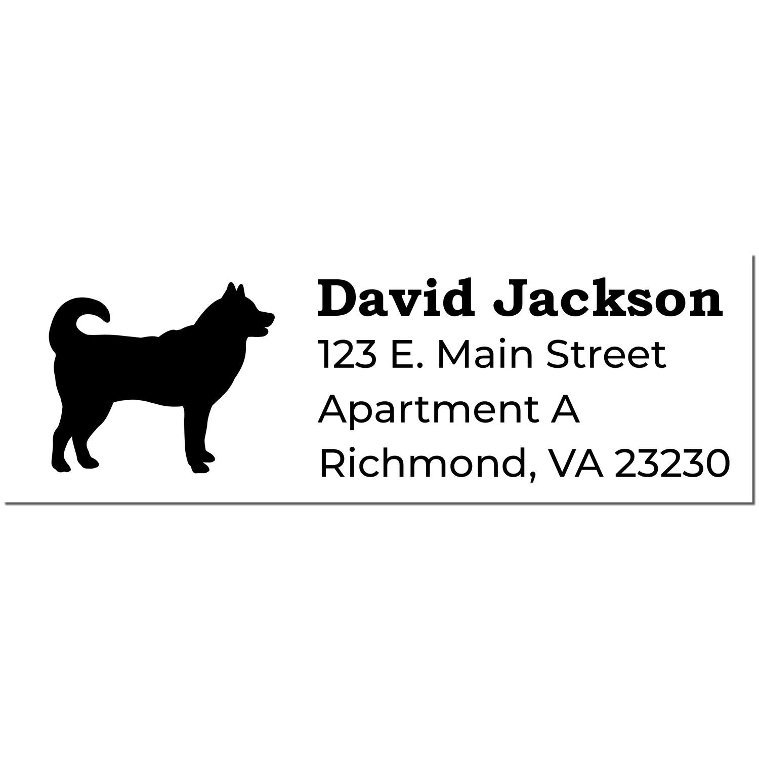 Self-Inking Husky Dog Address Stamp featuring a silhouette of a husky and sample address text: David Jackson, 123 E. Main Street, Apartment A, Richmond, VA 23230.