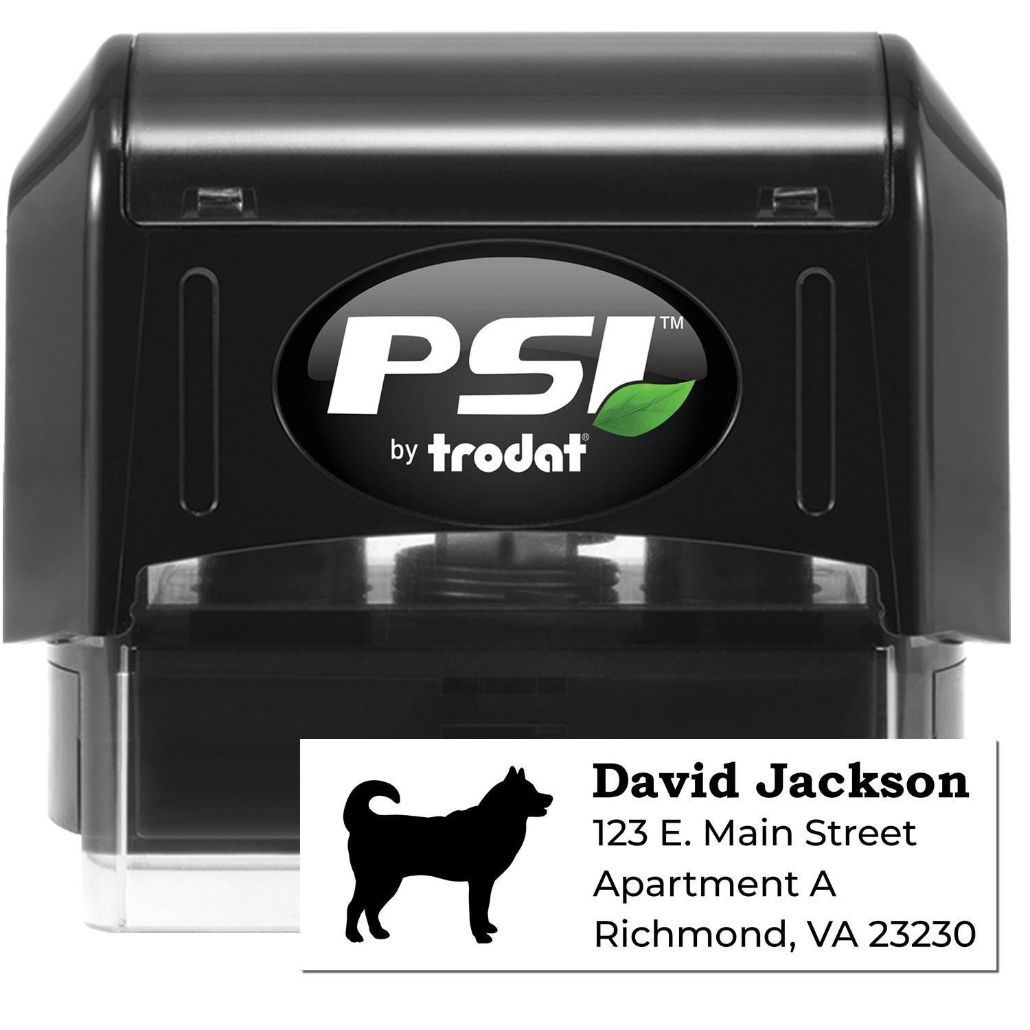 PSI Pre-Inked Personalized Husky Address Stamp with a black casing and a husky silhouette. Example address: David Jackson, 123 E. Main Street, Apartment A, Richmond, VA 23230.