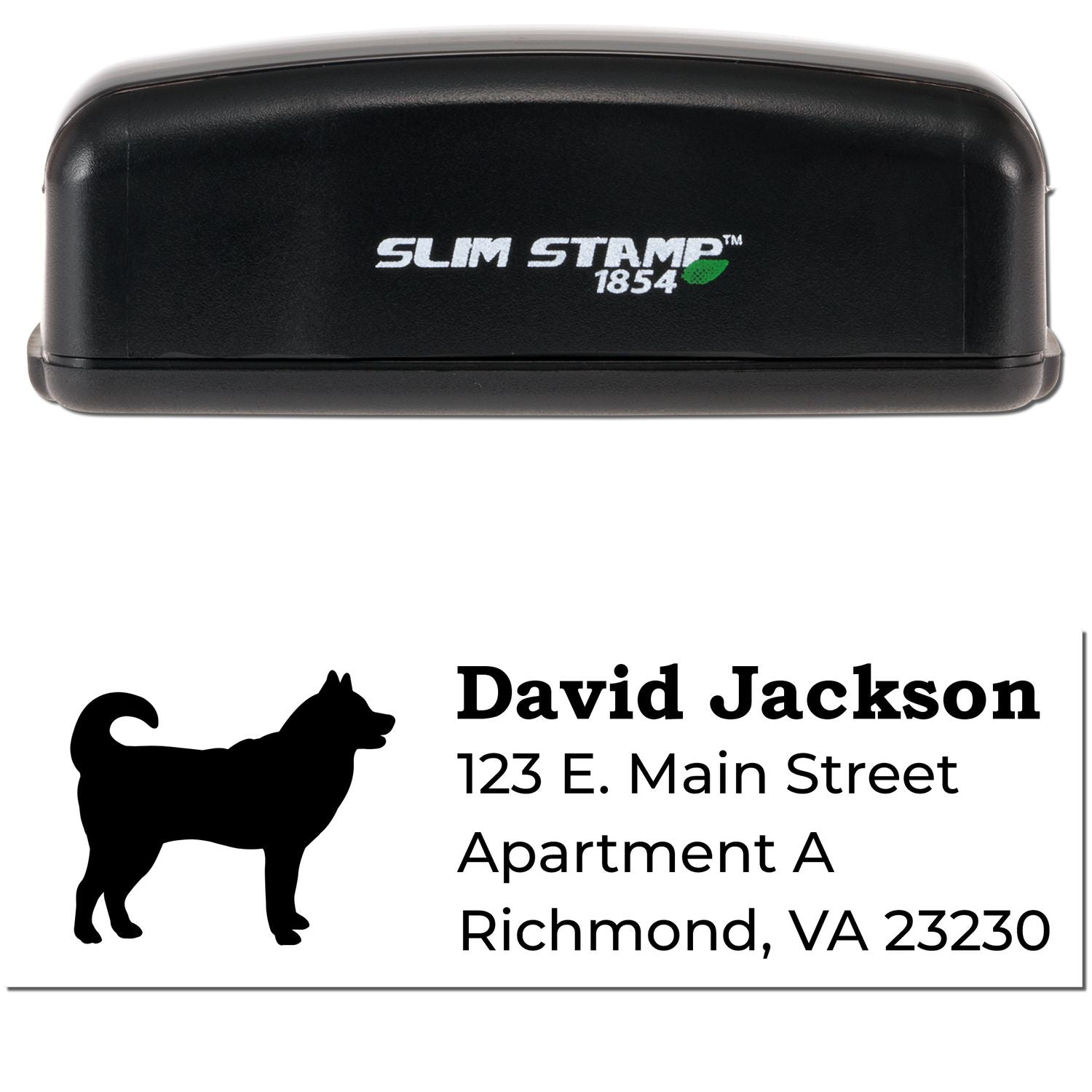 Slim Pre-Inked Husky Address Stamp with a black casing and a husky silhouette. Displays sample address: David Jackson, 123 E. Main Street, Apartment A, Richmond, VA 23230.