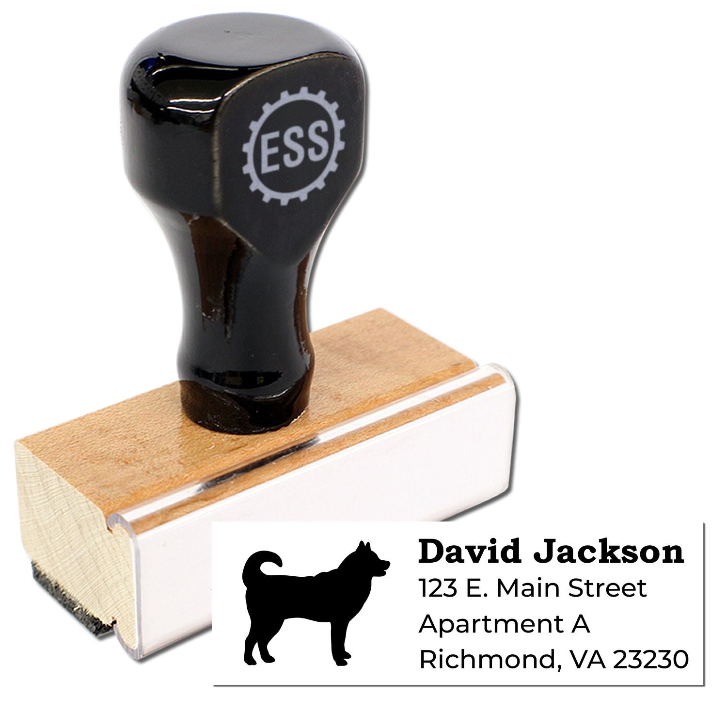 Husky Silhouette Address Rubber Stamp with a wooden handle and black top. Features a husky silhouette and customizable address text. Perfect for personalizing mail with style and ease.