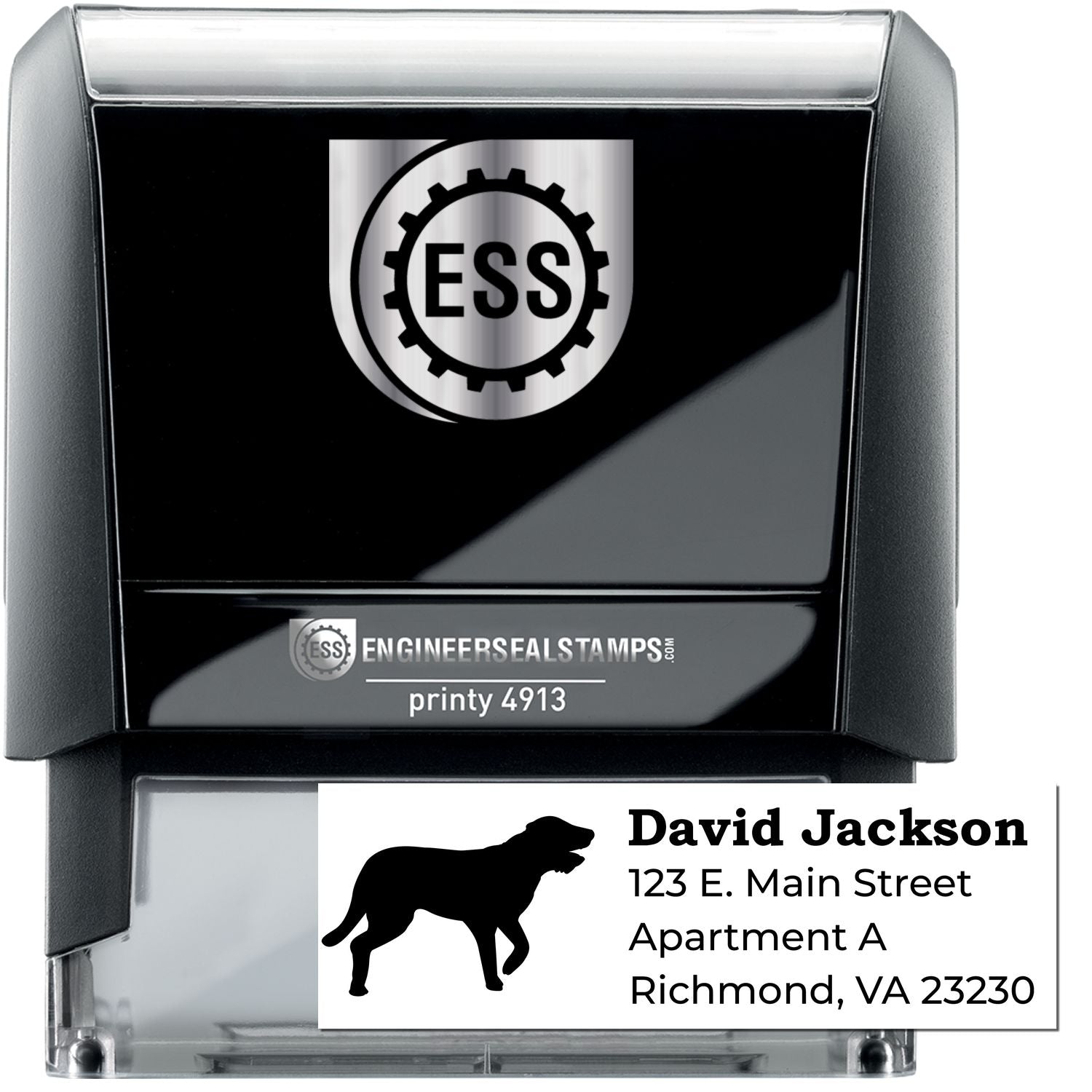 Self-Inking Irish Wolfhound Dog Address Stamp with a black casing, featuring a silhouette of an Irish Wolfhound and sample address text. Perfect for personalized mailings.