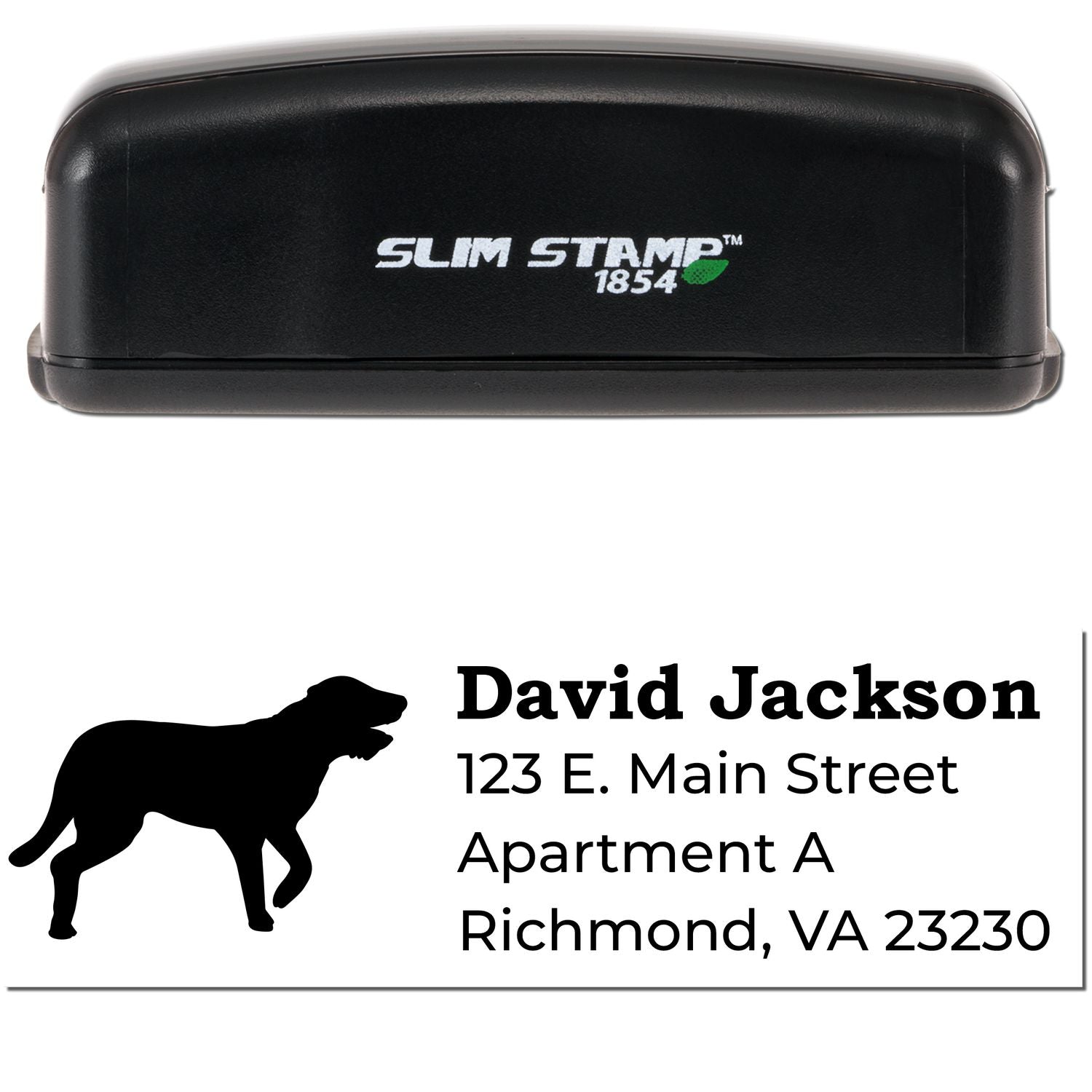 Slim Pre-Inked Irish Wolfhound Address Stamp with a black casing and a sample address featuring a silhouette of an Irish Wolfhound. Perfect for personalized mailings.