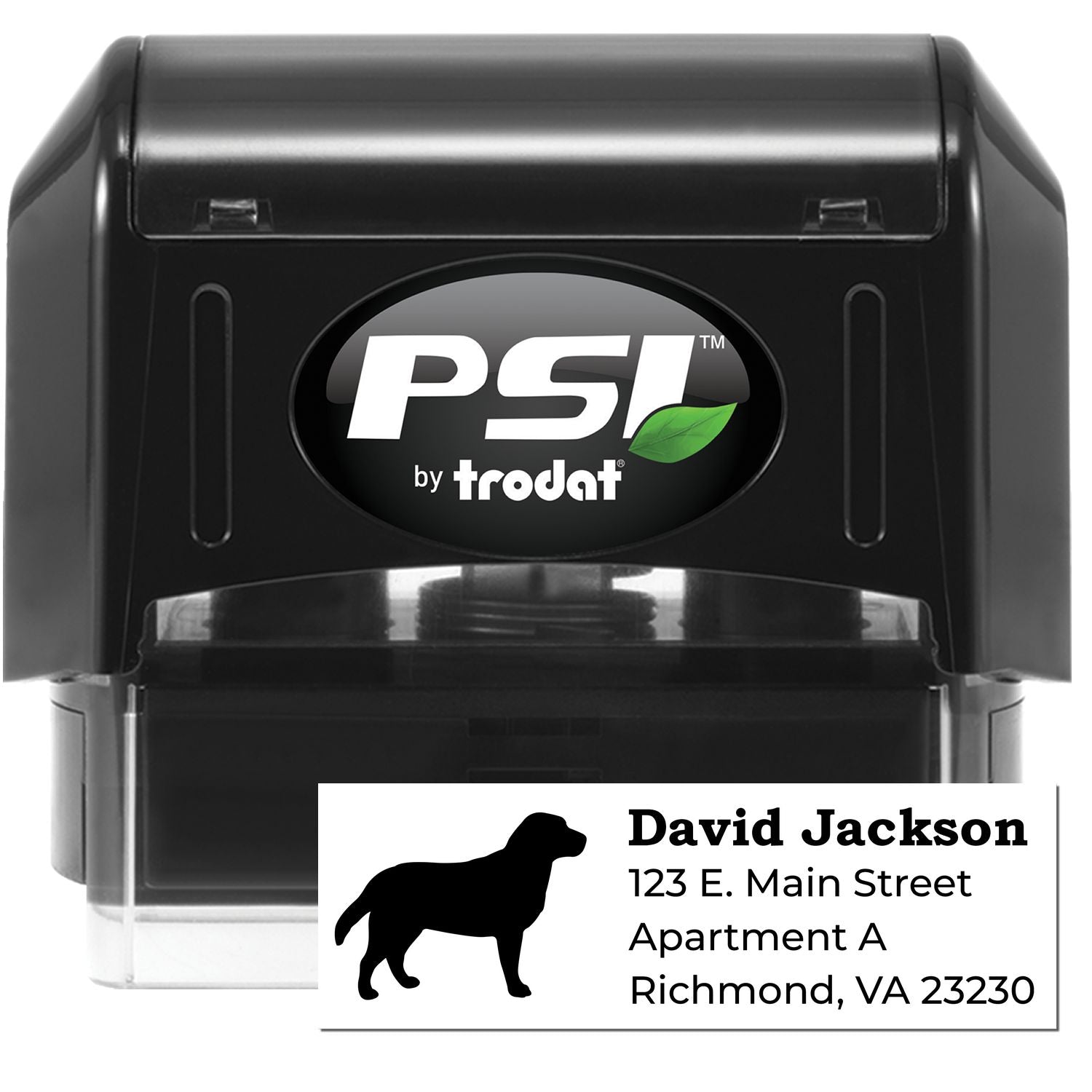 PSI Pre-Inked Personalized Labrador Address Stamp featuring a black casing with a Labrador silhouette and sample address. Ideal for pet lovers seeking a custom touch for mailings.