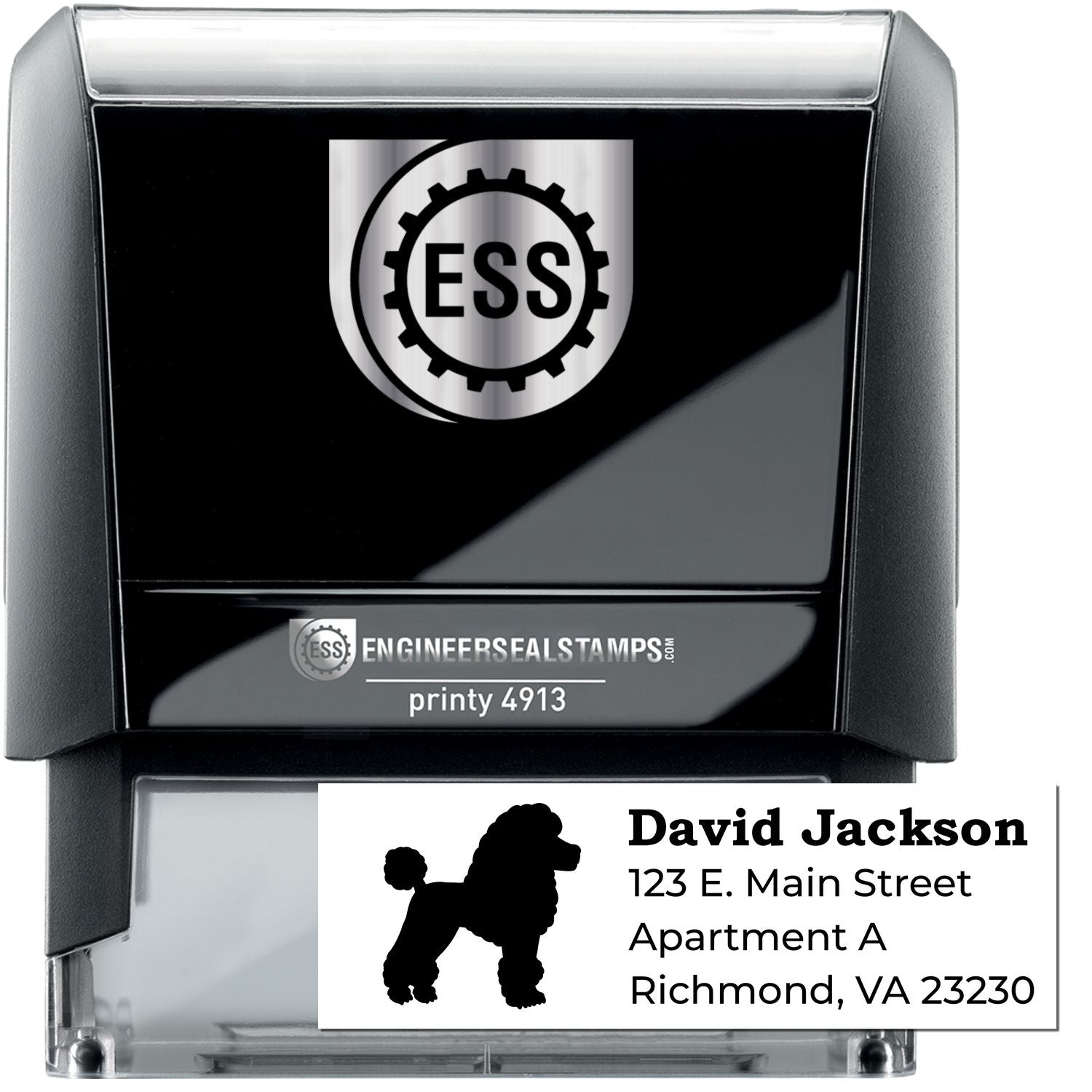 Self-Inking Poodle Dog Address Stamp with a black poodle silhouette. Features customizable address text: David Jackson, 123 E. Main Street, Apartment A, Richmond, VA 23230.