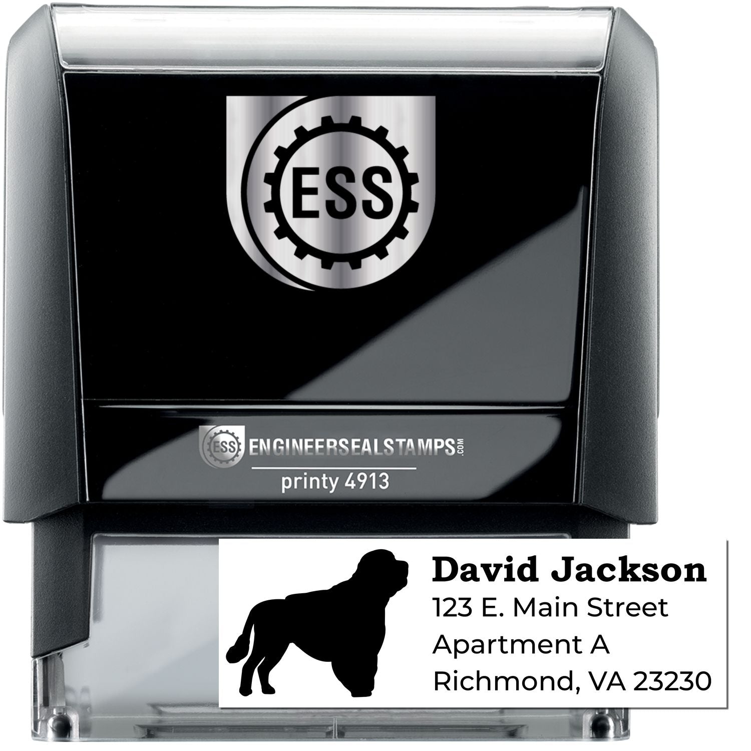 Self-Inking Portuguese Water Dog Address Stamp with a silhouette of the dog. Features customizable address text. Ideal for personalizing mail with ease and style.