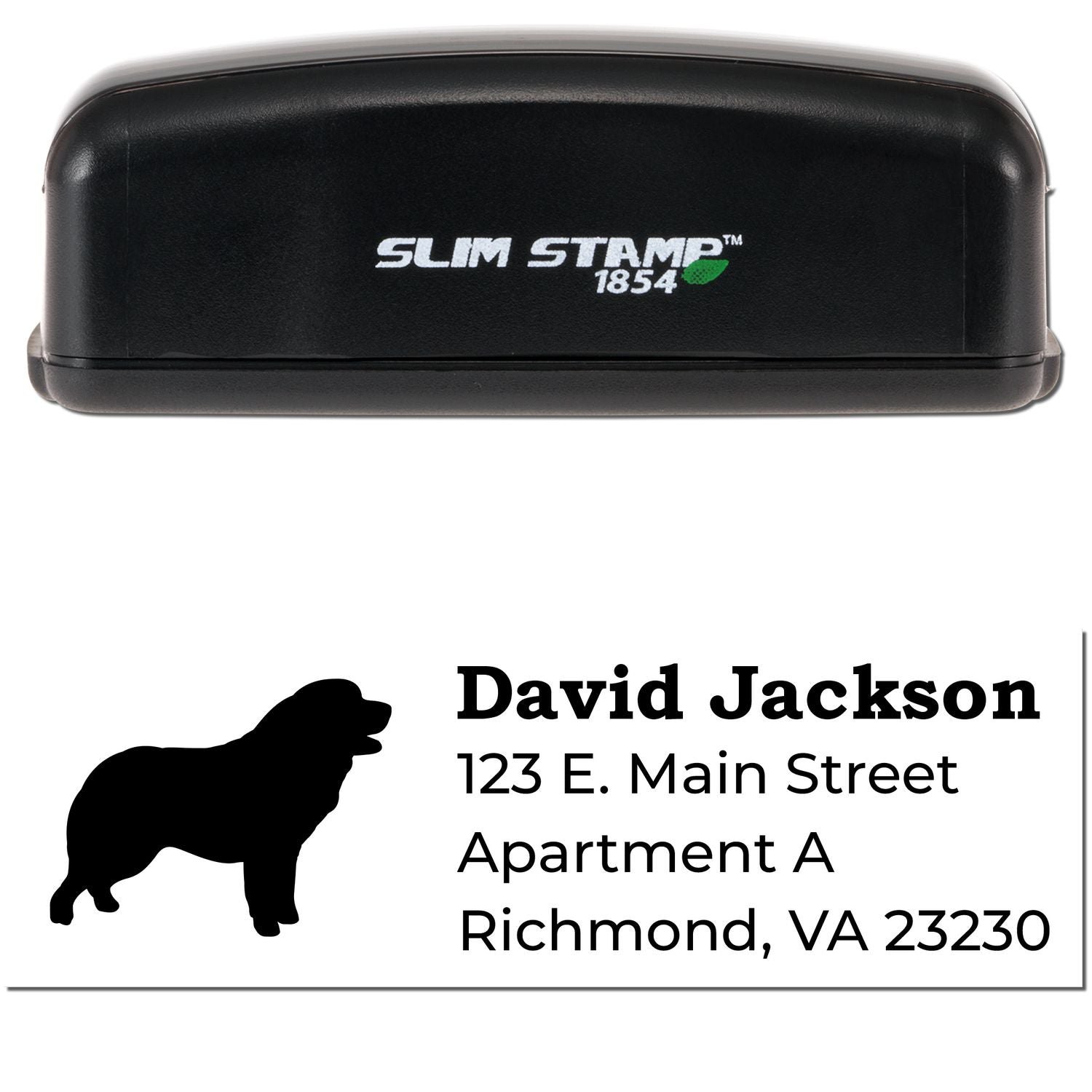 Slim Pre-Inked Pyrenean Mountain Dog Address Stamp with a black casing. Features a silhouette of the dog and sample address text. Compact design for easy use and storage.