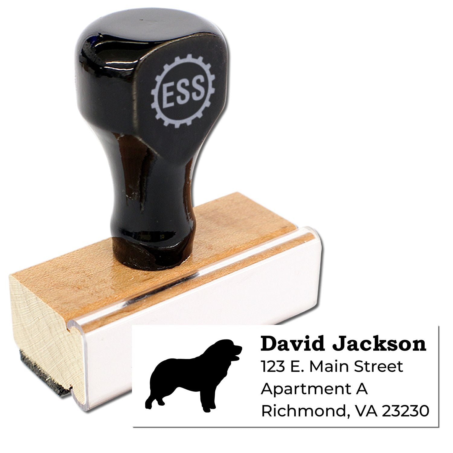 Pyrenean Mountain Dog Silhouette Address Rubber Stamp with a wooden handle and black top. Features a dog silhouette and customizable address text. Perfect for personalizing mail and documents.