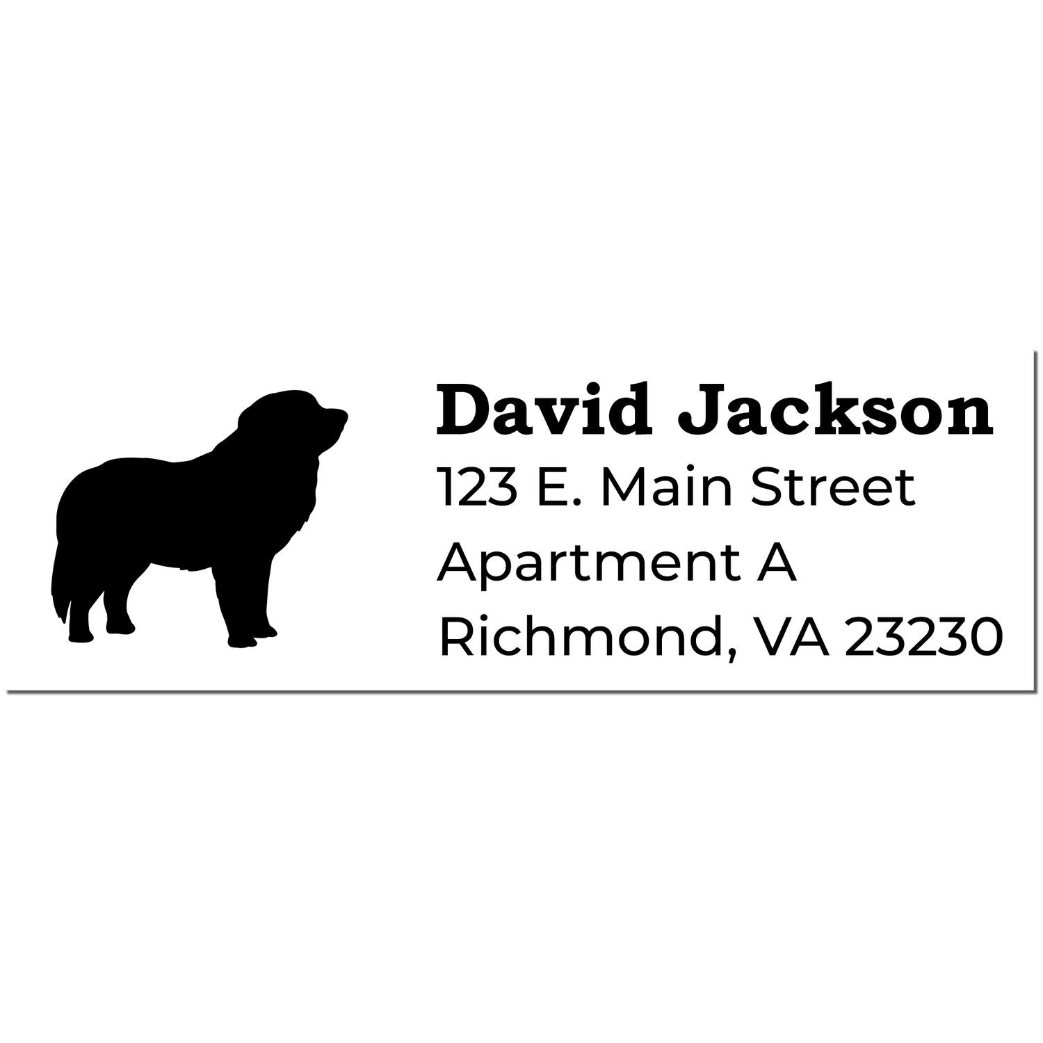 Silhouette of a Pyrenees dog on the left with text on the right: David Jackson, 123 E. Main Street, Apartment A, Richmond, VA 23230. Pyrenees Silhouette Address Rubber Stamp design.