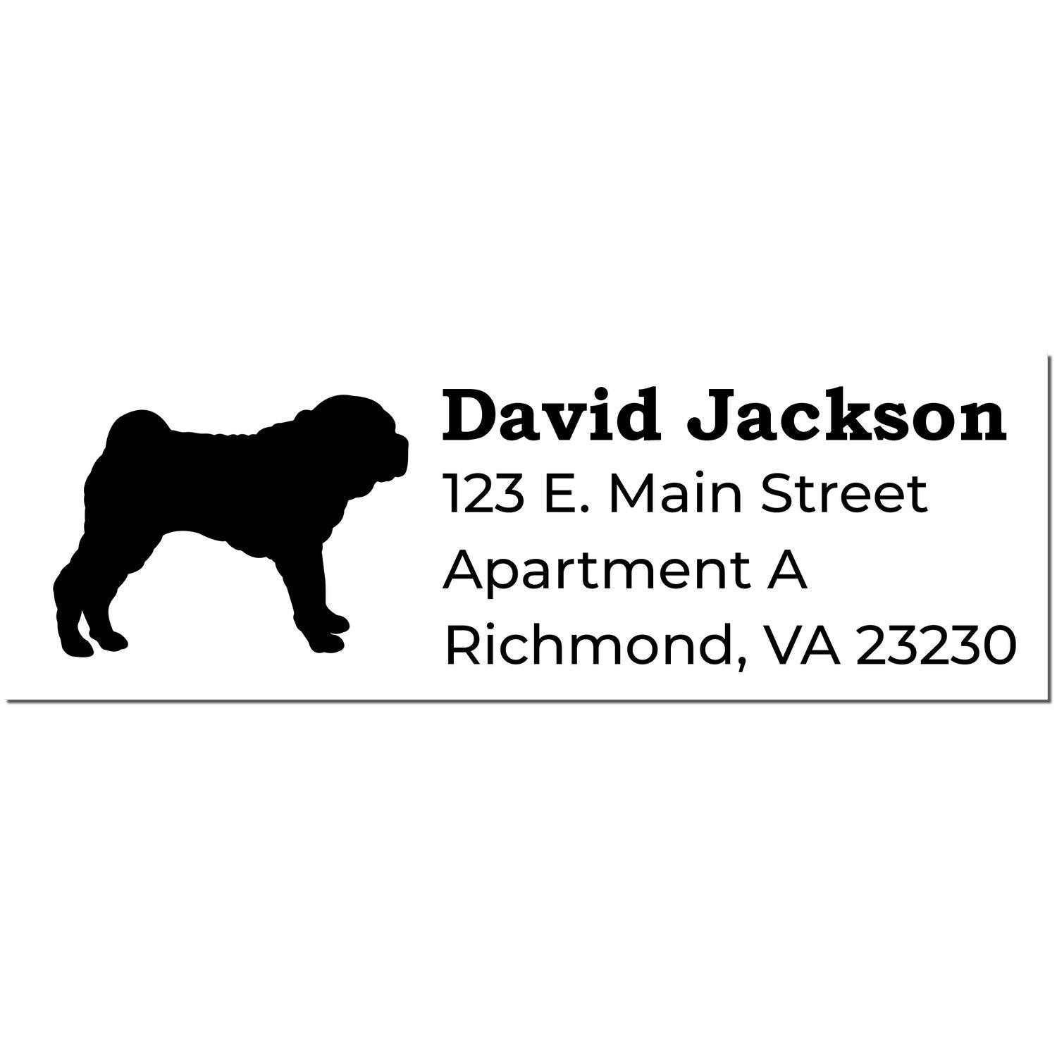 Slim Pre-Inked Shar Pei Address Stamp featuring a silhouette of a Shar Pei dog, personalized with the name David Jackson and an address in Richmond, VA.