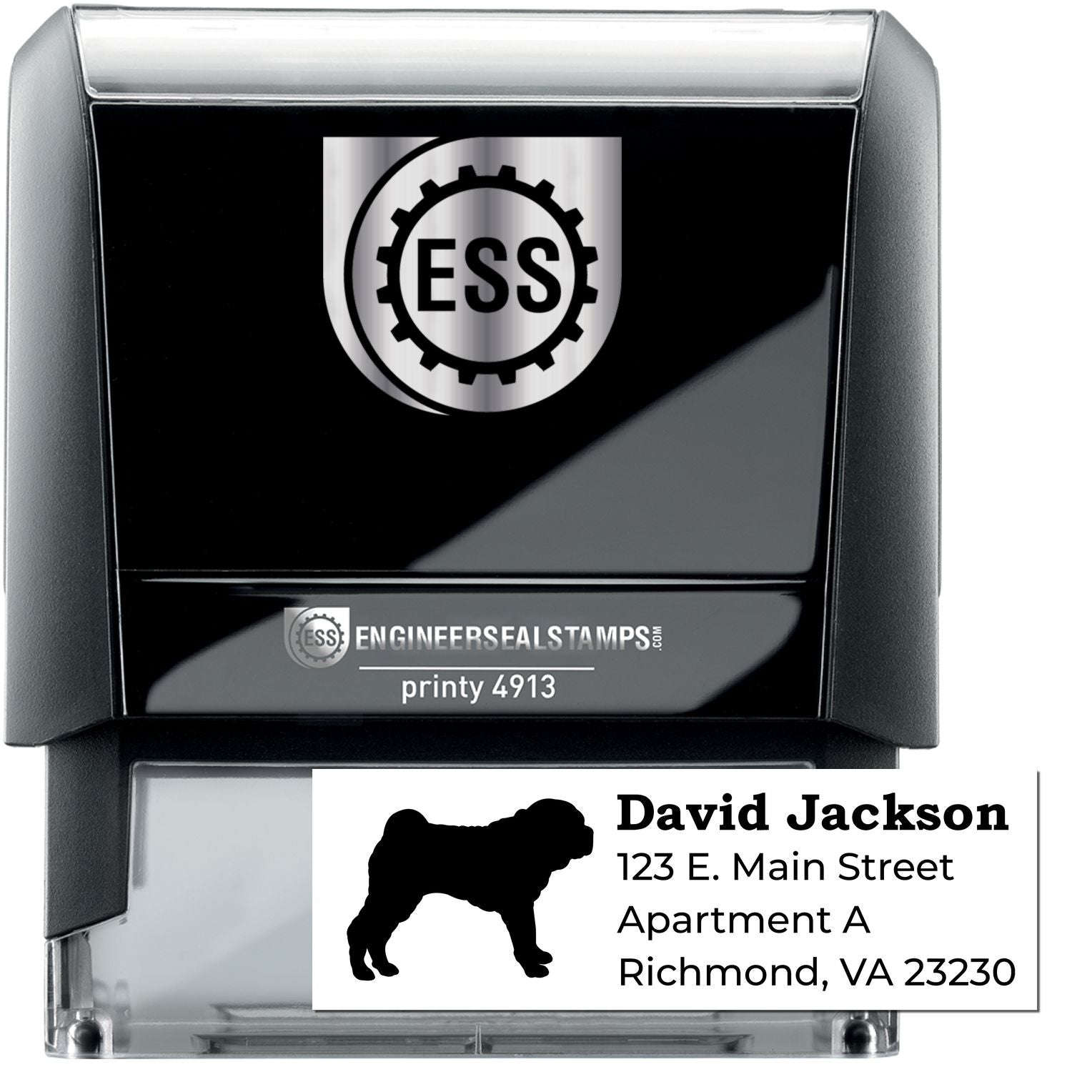 Self-Inking Shar Pei Dog Address Stamp featuring a silhouette of a Shar Pei dog. Includes customizable address text. Compact, black design with clear imprint area for easy use.