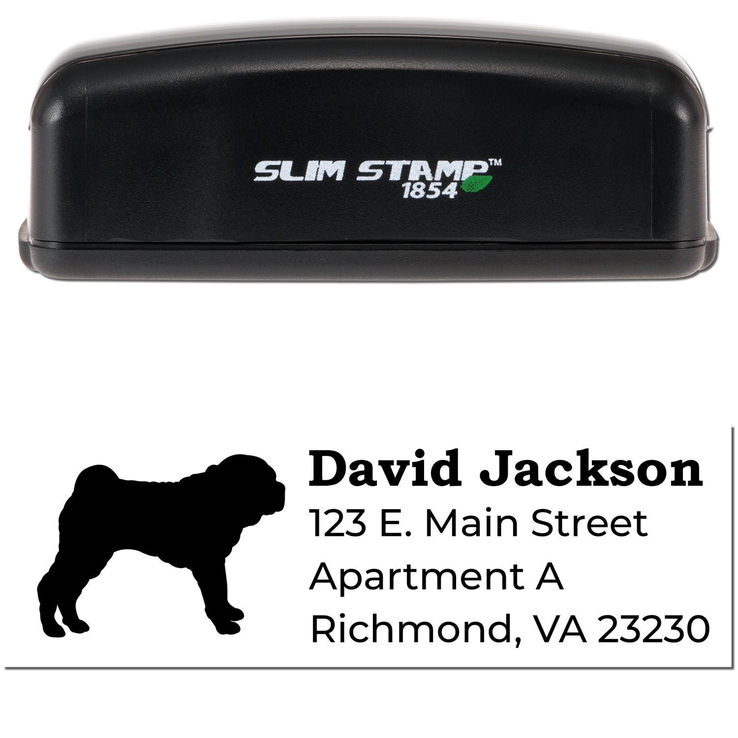 Image of a Slim Pre-Inked Shar Pei Address Stamp with a black casing. The stamp imprint shows a Shar Pei silhouette and sample address details in bold text.