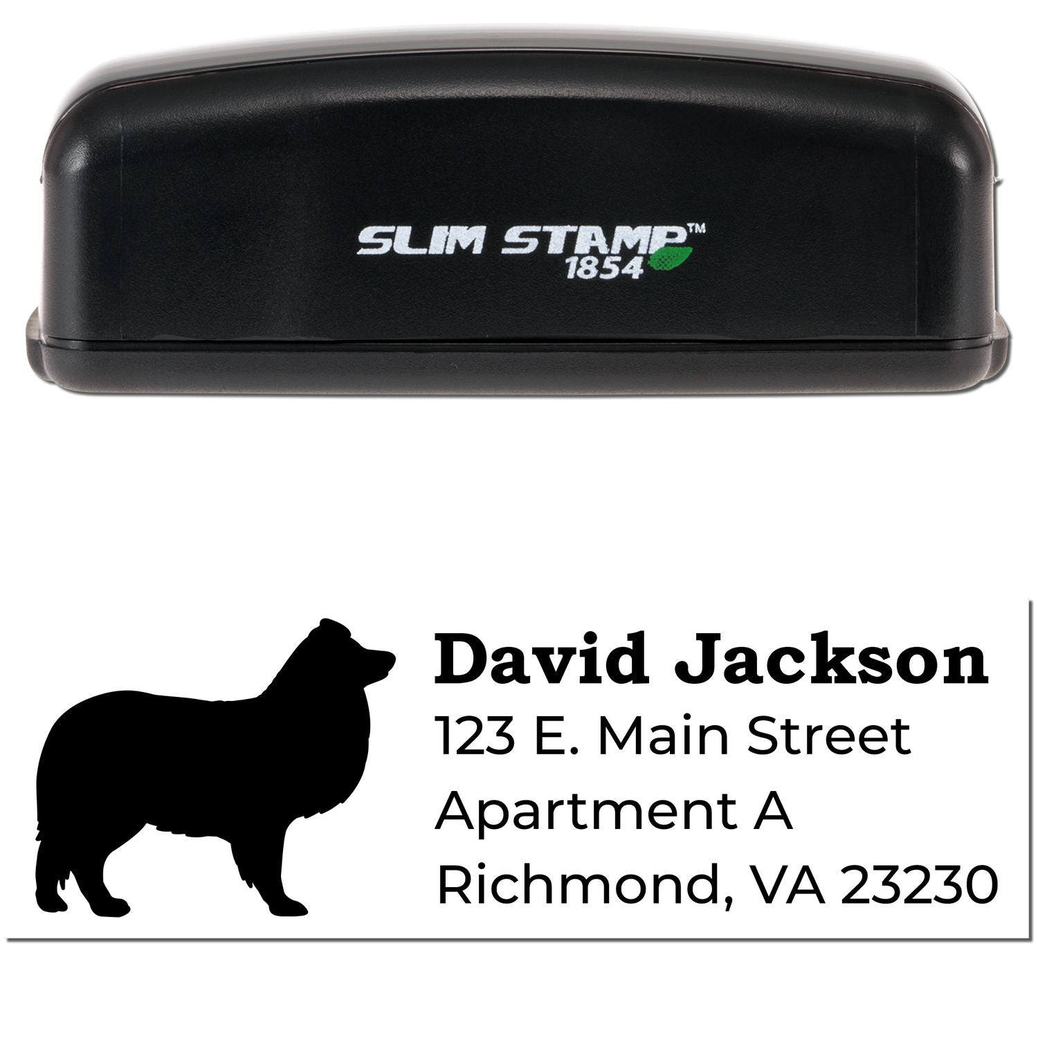 Slim Pre-Inked Shetland Sheepdog Address Stamp with a black silhouette of a Shetland Sheepdog. Features customizable address text below. Compact design for easy use and storage.