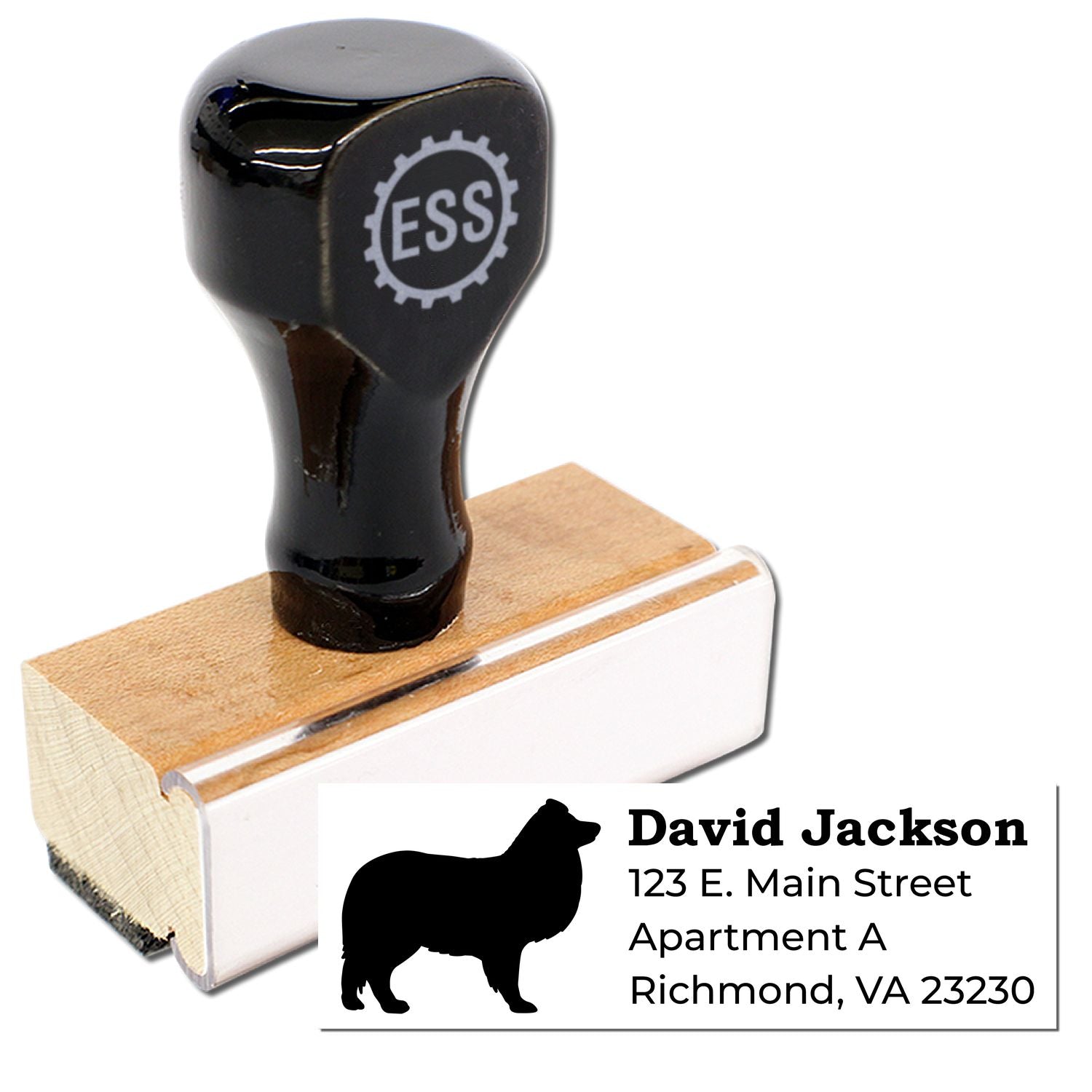 Shetland Sheepdog Silhouette Address Rubber Stamp with a wooden handle and black top. Features a dog silhouette and customizable address text. Perfect for personalizing mail and stationery.