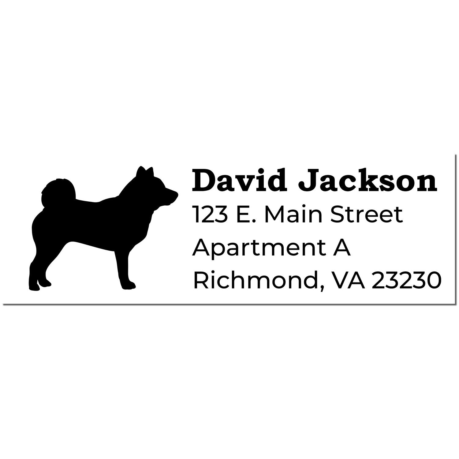 Slim Pre-Inked Shiba Inu Address Stamp featuring a silhouette of a Shiba Inu next to the name David Jackson and an address in Richmond, VA. Perfect for personalized mailings.