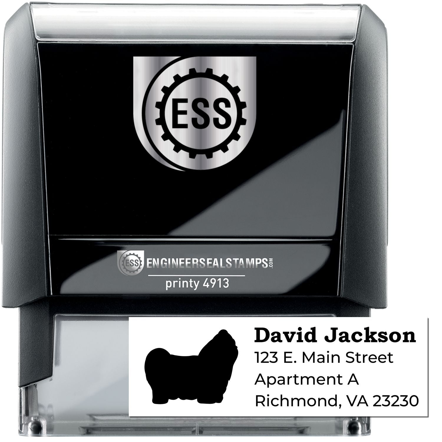 Self-Inking Shih Tzu Dog Address Stamp with a black silhouette of a Shih Tzu. Features customizable address text. Compact and efficient design for personal or business use.