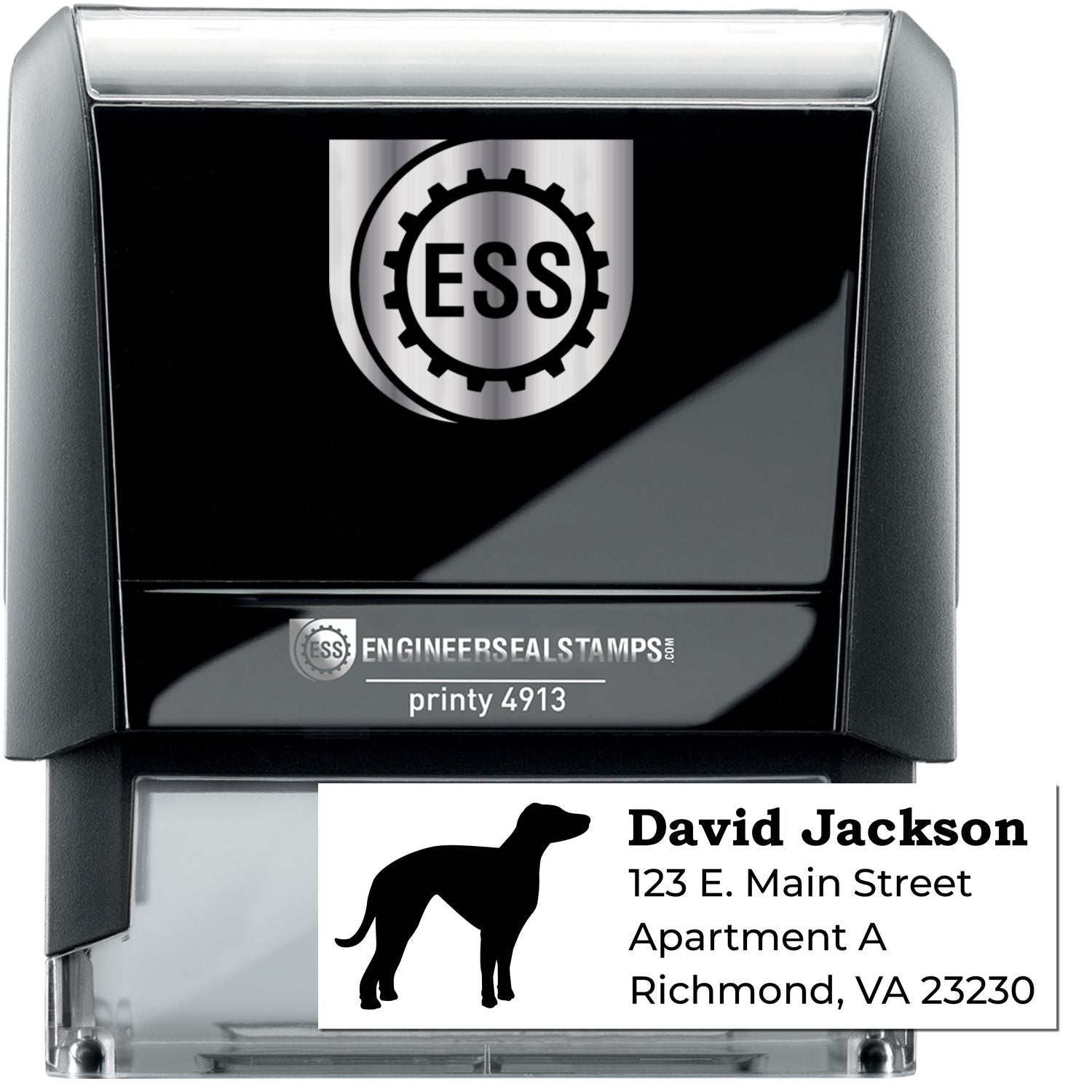 Self-Inking Whippet Dog Address Stamp with a silhouette of a whippet. Features customizable address text: David Jackson, 123 E. Main Street, Apartment A, Richmond, VA 23230.