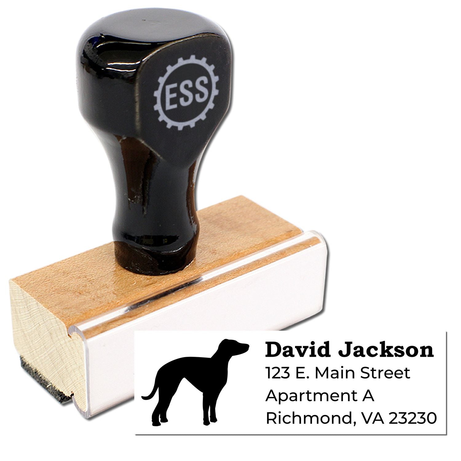 Whippet Silhouette Address Rubber Stamp with a black handle and wooden base. Features a whippet silhouette and customizable address text. Ideal for personalizing mail with style and ease.