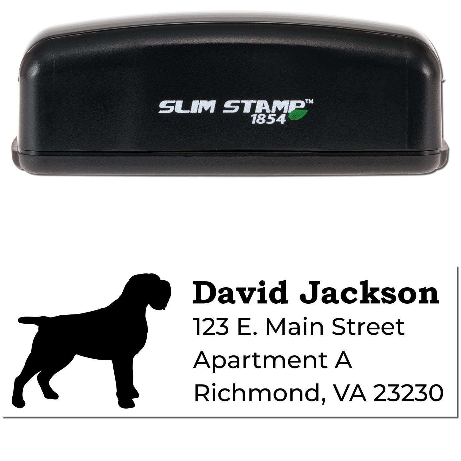 Slim Pre-Inked Wirehaired Pointing Griffon Address Stamp with a black casing and a sample address featuring a silhouette of a Wirehaired Pointing Griffon.