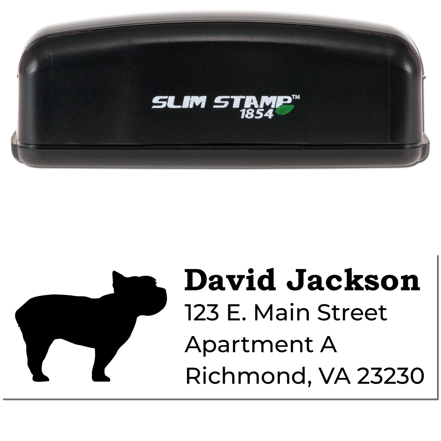 Slim Pre-Inked Yorkshire Terrier Address Stamp with a black casing. Features a silhouette of a Yorkshire Terrier and sample address text. Compact and efficient design for personalized stamping.