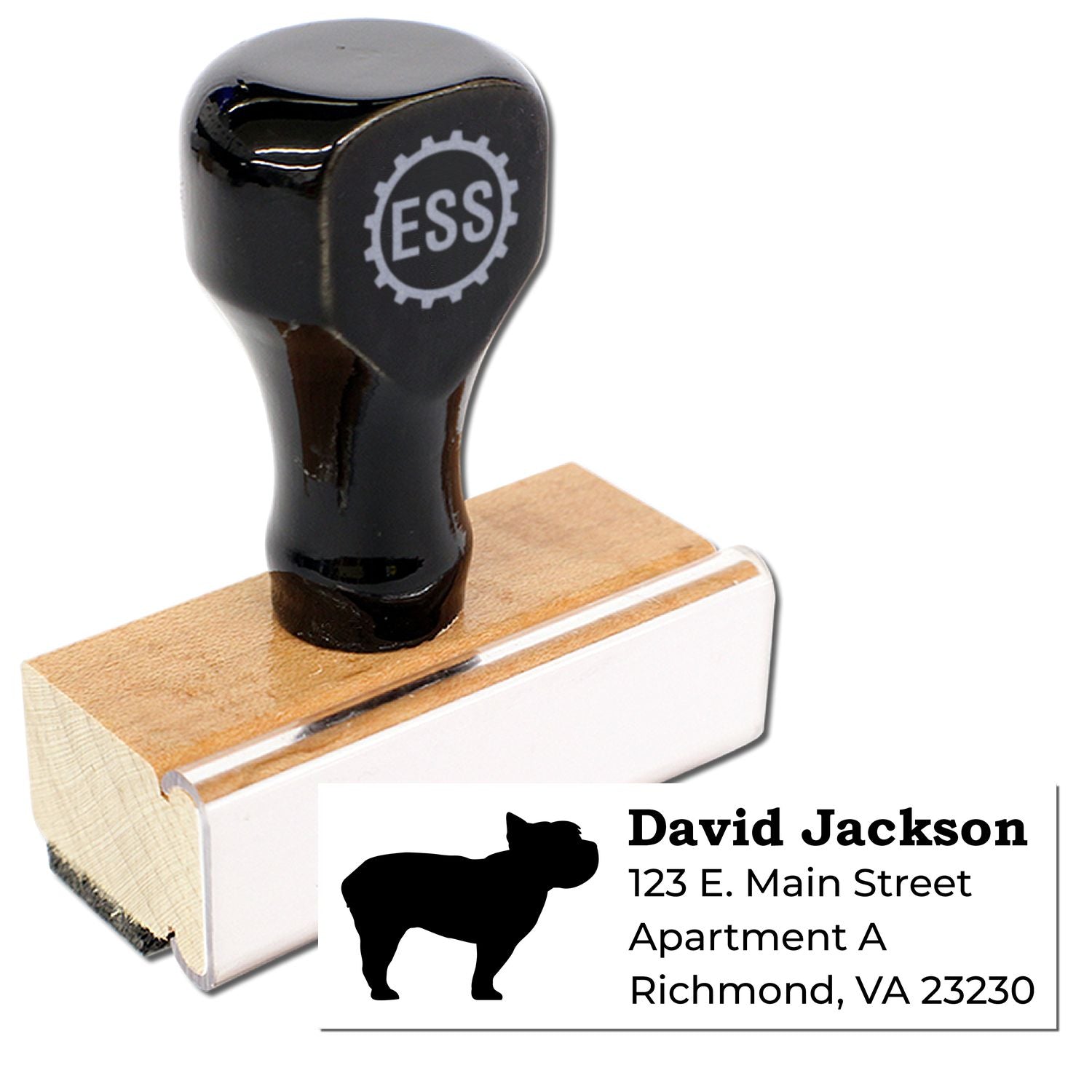 Yorkshire Terrier Silhouette Address Rubber Stamp with wooden handle and black top. Features a dog silhouette and customizable address text. Perfect for personalizing mail with style.