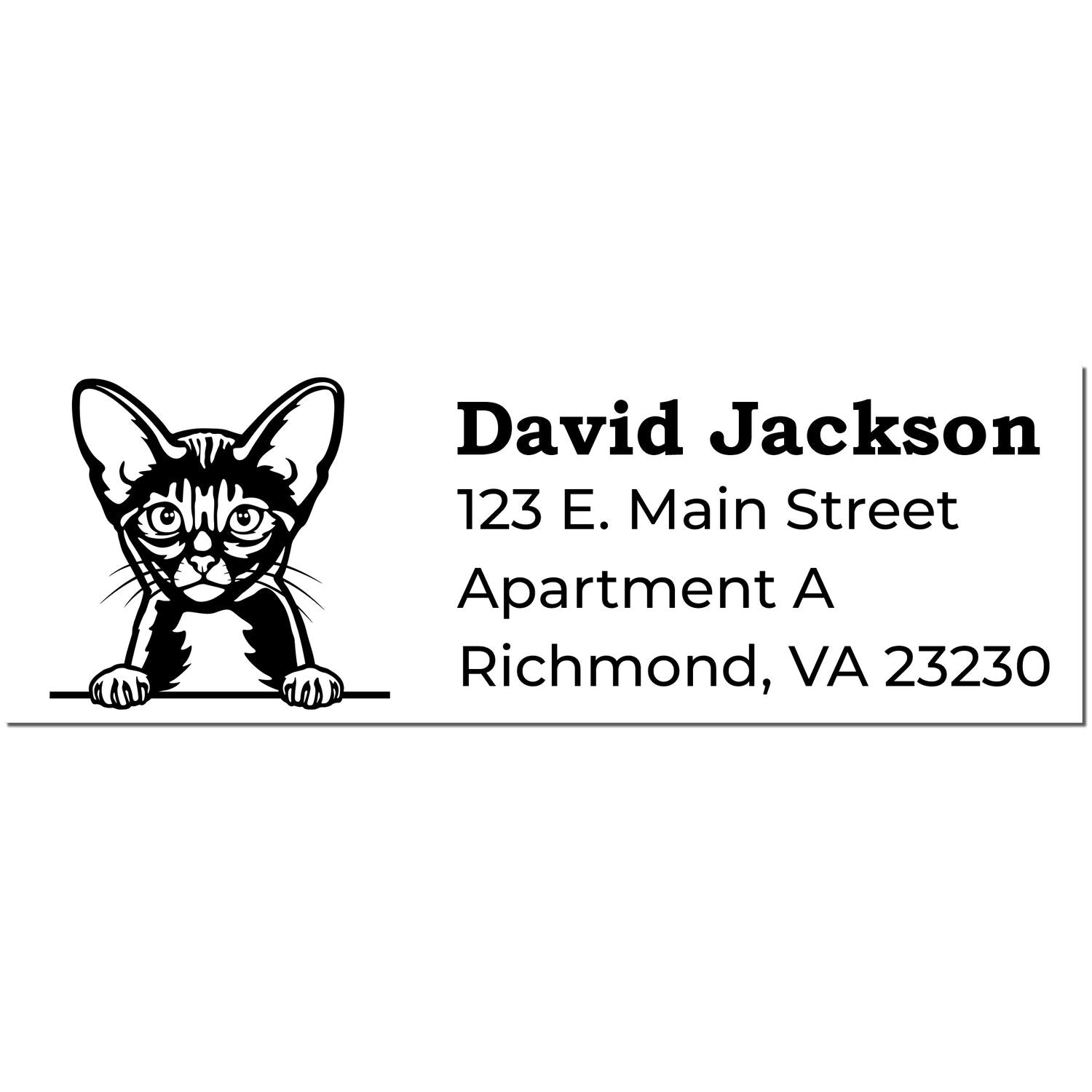 Self-Inking Abyssinian Custom Address Stamp featuring a cute Abyssinian cat illustration with sample address: David Jackson, 123 E. Main Street, Apartment A, Richmond, VA 23230.