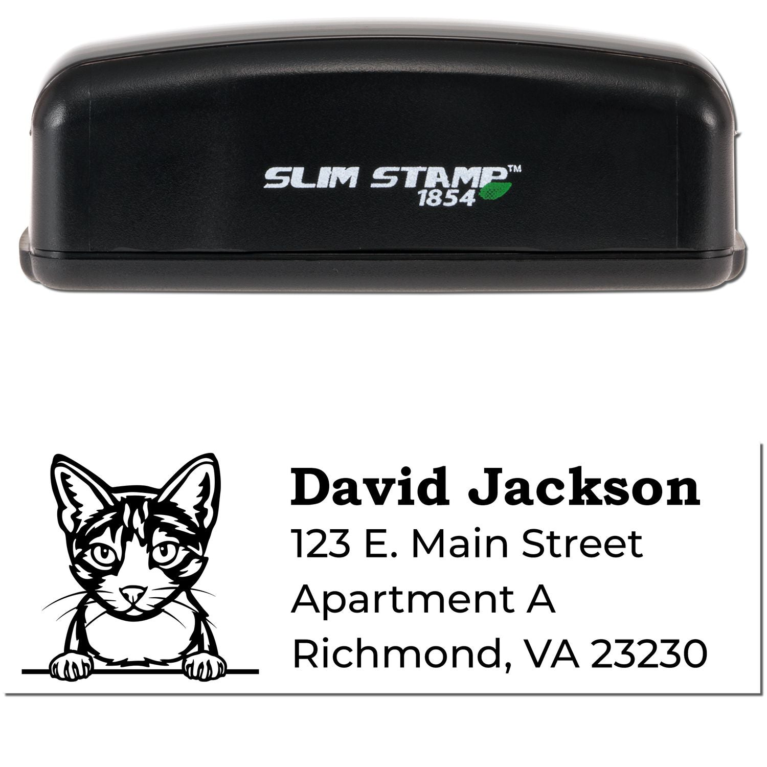 Slim Pre-Inked Aegean Peeking Cat Return Address Stamp with a black casing. Features a cute cat illustration above the address: David Jackson, 123 E. Main Street, Apartment A, Richmond, VA 23230.