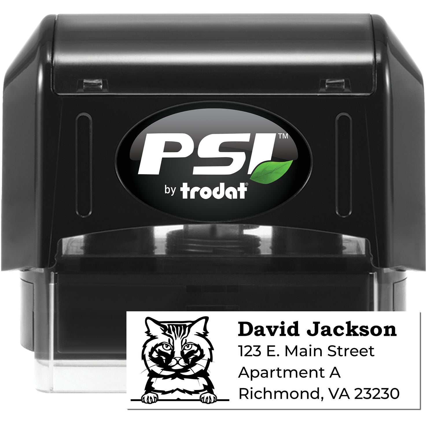 PSI Pre-Inked Peeking American Bobtail Cat Personalized Address Stamp featuring a black casing and a cute cat design. Customizable with name and address, perfect for adding a personal touch to mail.