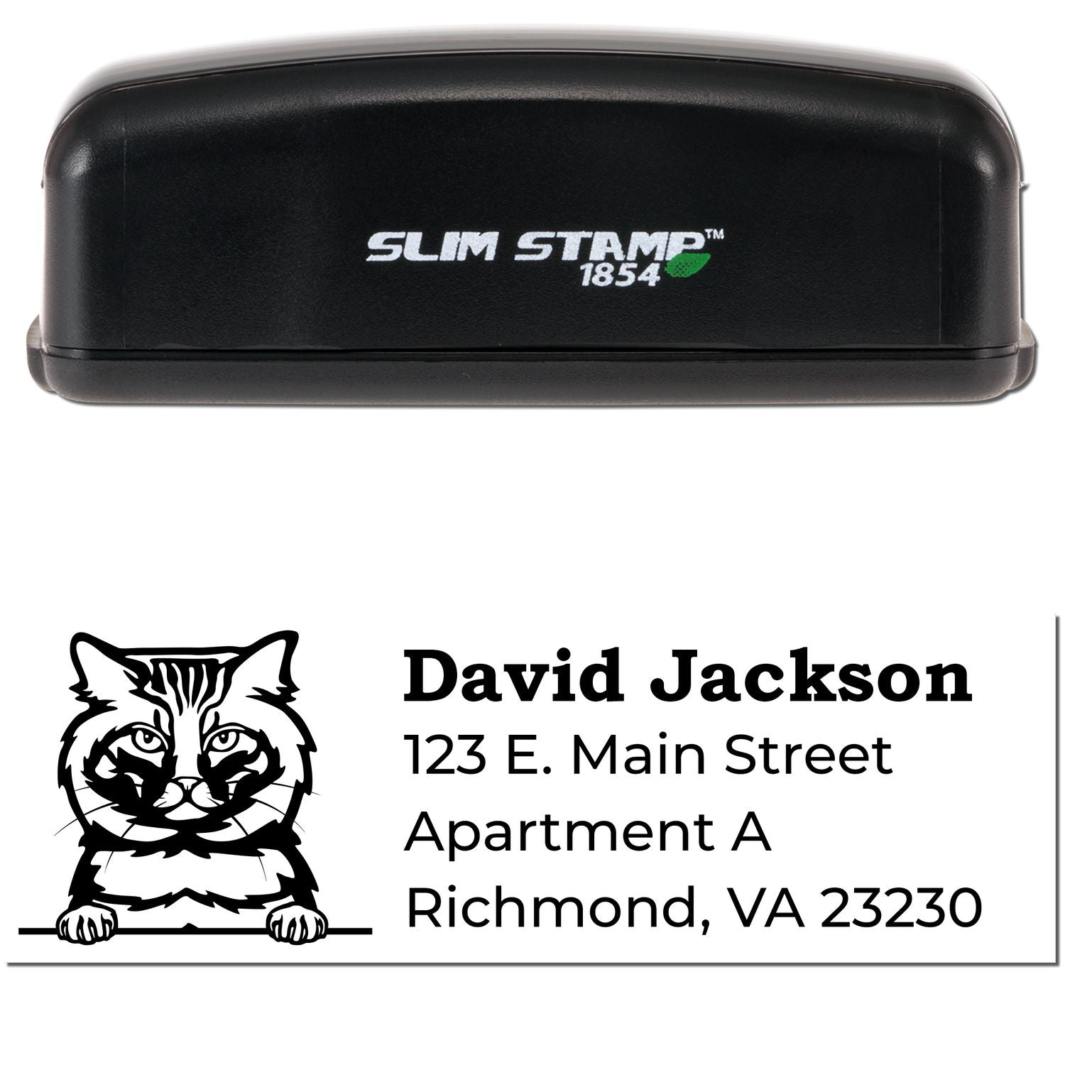 Slim Pre-Inked American Bobtail Peeking Cat Return Address Stamp with a black case. Features a cat illustration above the address text. Perfect for personalizing mail with style.