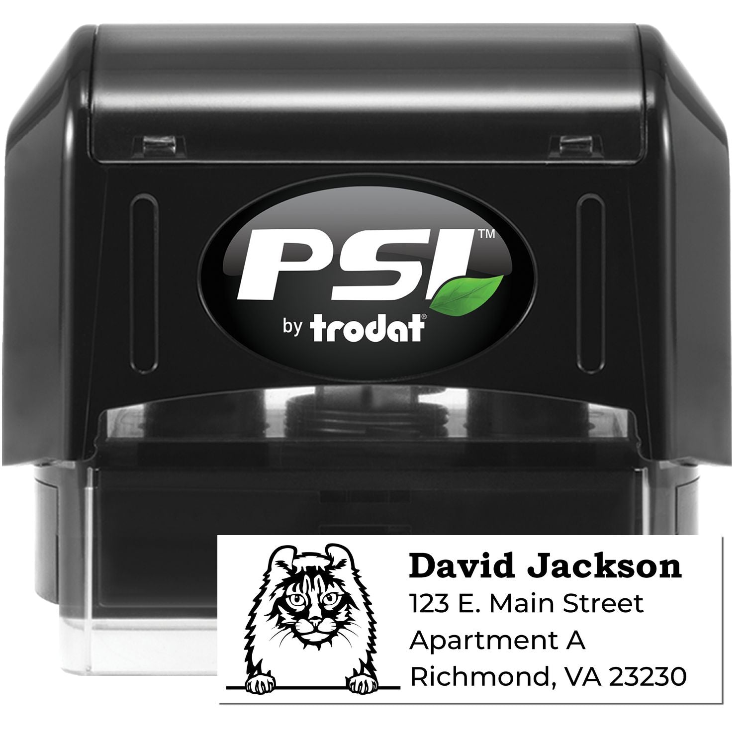 PSI Pre-Inked Peeking American Curl Cat Personalized Address Stamp featuring a black casing and a cute cat design. Customizable with name and address, perfect for adding a personal touch to mail.