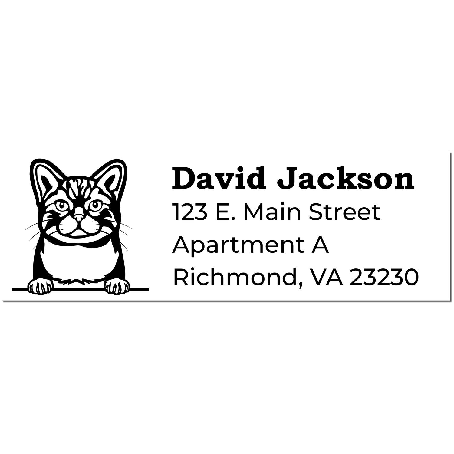 Slim Pre-Inked American Wirehair Peeking Cat Return Address Stamp featuring a cute cat illustration above the address text. Perfect for personalizing mail with a playful touch.