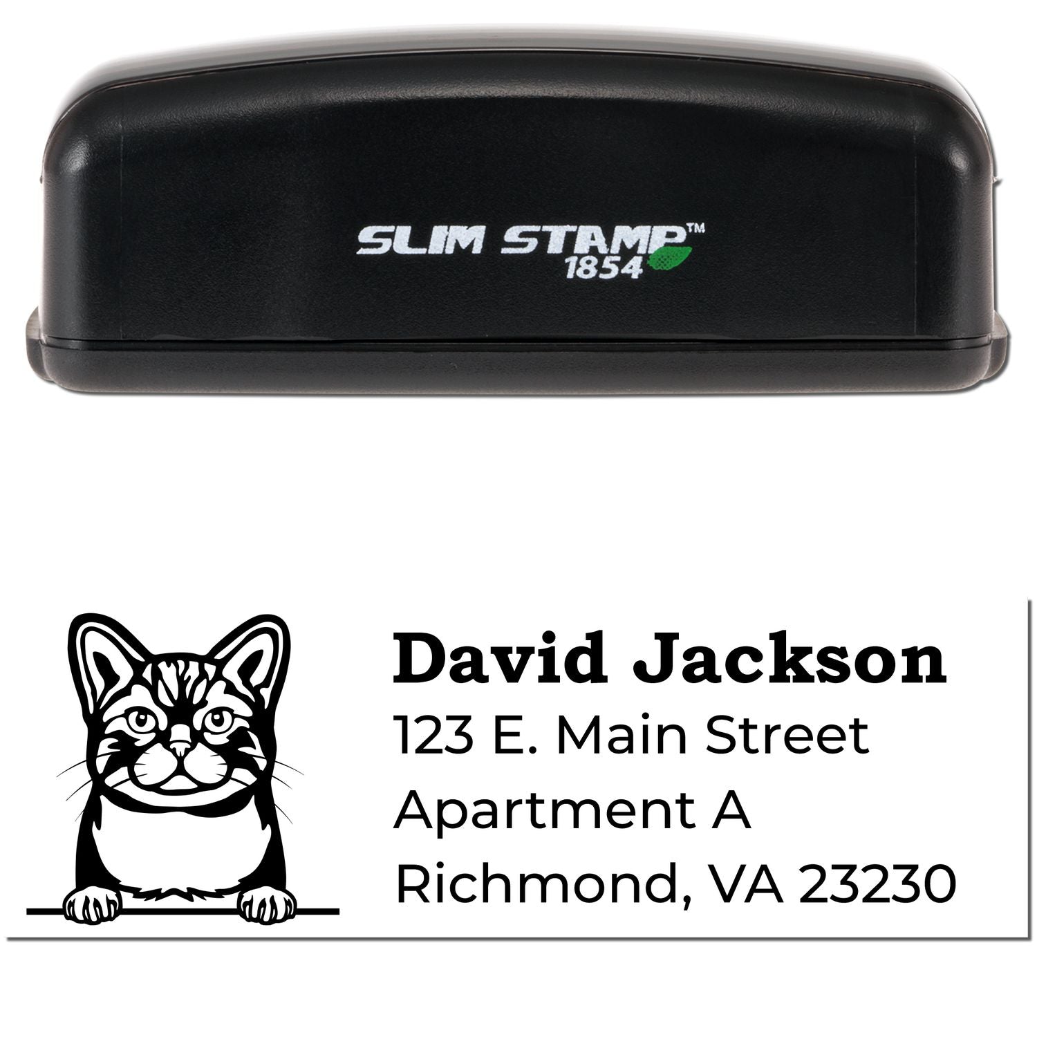 Slim Pre-Inked American Wirehair Peeking Cat Return Address Stamp with a black casing. Features a cute cat illustration above the address text. Perfect for personalizing mail with style.