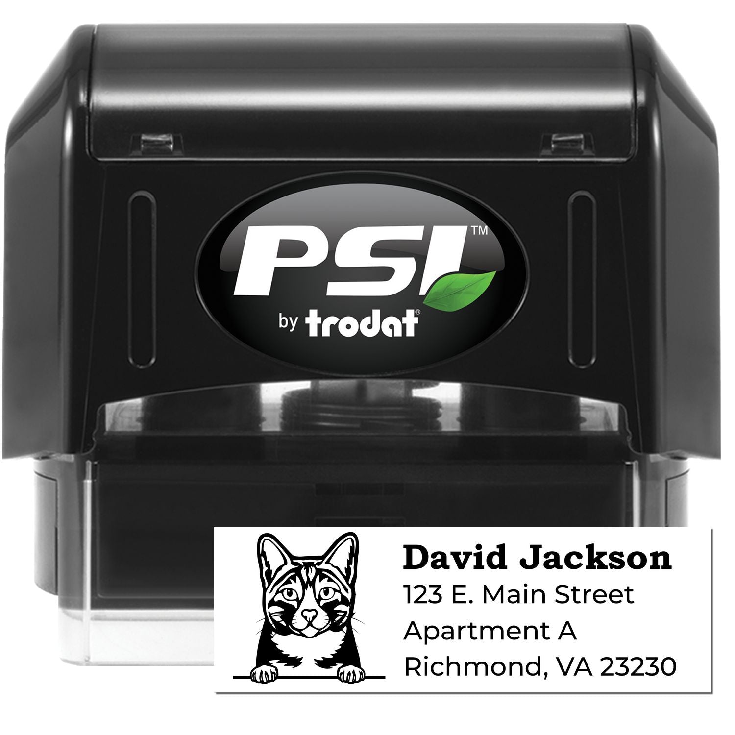 PSI Pre-Inked Peeking Arabian Mau Cat Personalized Address Stamp featuring a black casing with a cat illustration and customizable address area. Perfect for adding a personal touch to mail.