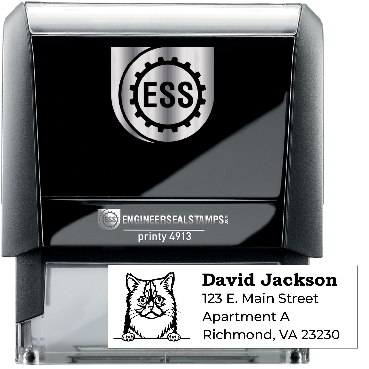 Self-Inking Asian Semi Long Hair Custom Address Stamp featuring a cat illustration and sample address. Black casing with ESS logo on top. Ideal for personalized mail and stationery.