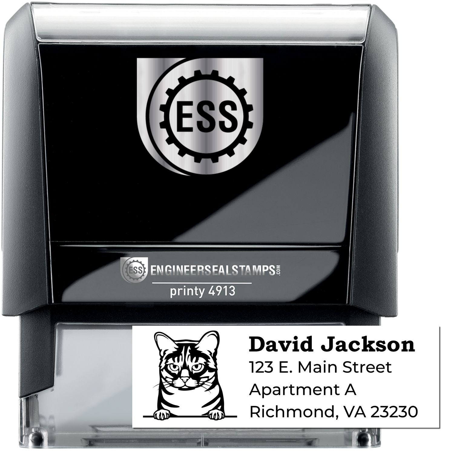 Self-Inking Australian Mist Custom Address Stamp with a cat design, featuring a sample address. Black casing with a clear base for easy alignment. Perfect for personalized mailings.