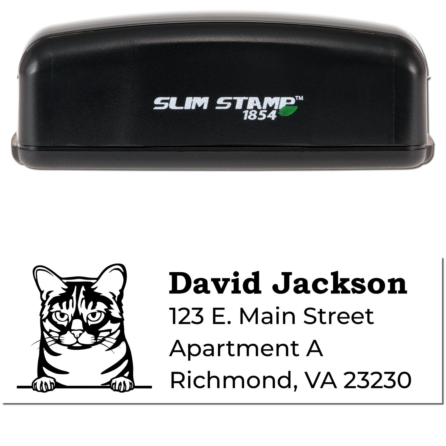 Slim Pre-Inked Australian Mist Peeking Cat Return Address Stamp with a black casing. Features a cat illustration above the address text. Ideal for personalized mailings.