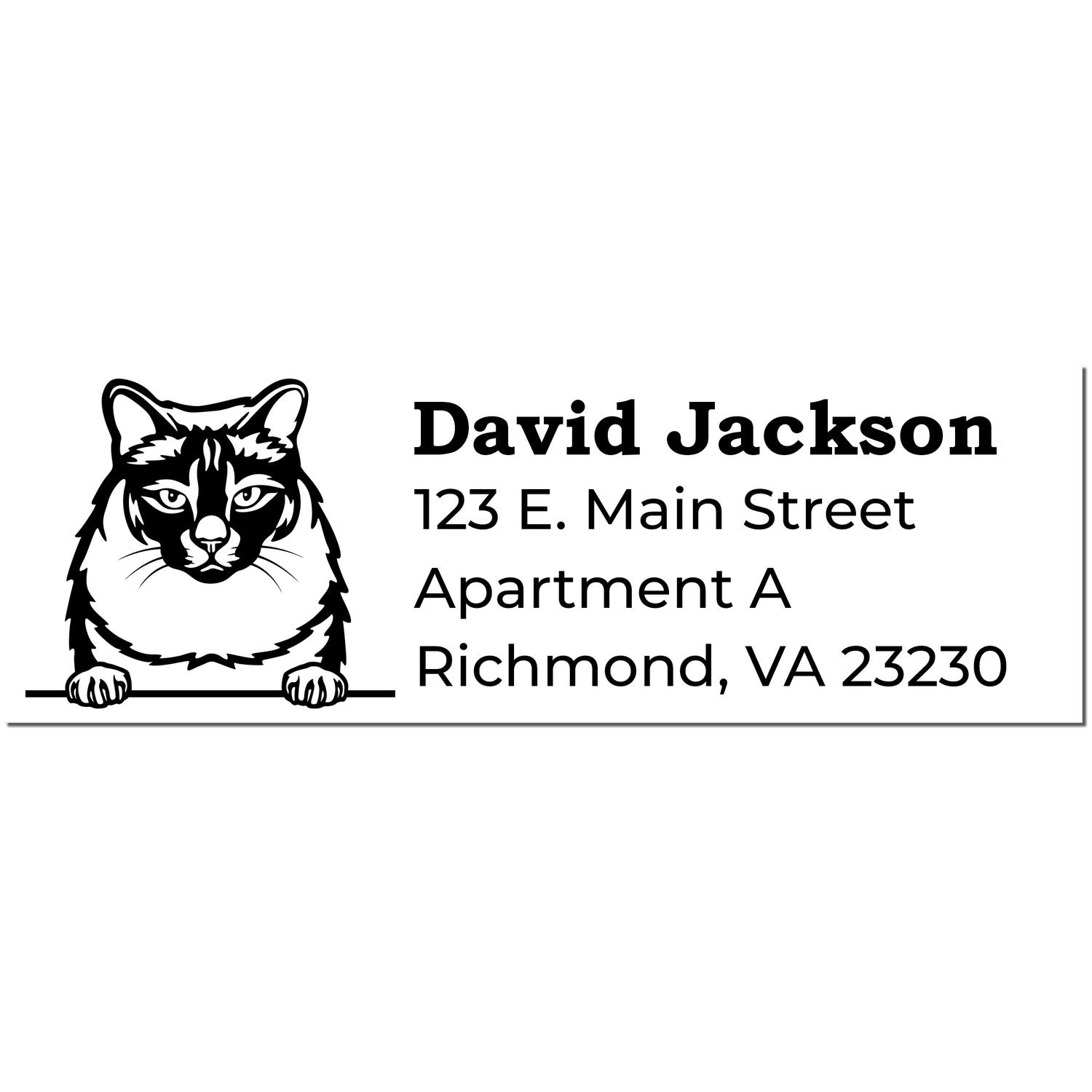 Self-Inking Balinese Custom Address Stamp featuring a cat illustration, personalized with David Jackson, 123 E. Main Street, Apartment A, Richmond, VA 23230 in bold, clear font.