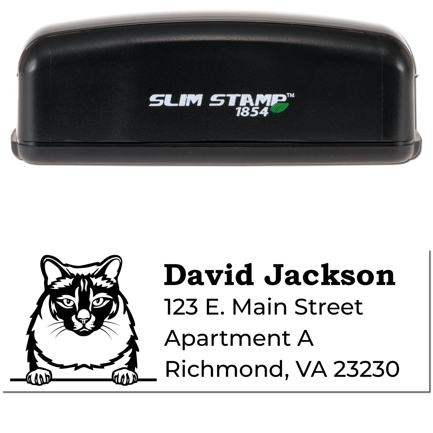 Slim Pre-Inked Balinese Peeking Cat Return Address Stamp with a black casing. Features a cat illustration above the address: David Jackson, 123 E. Main Street, Apartment A, Richmond, VA 23230.