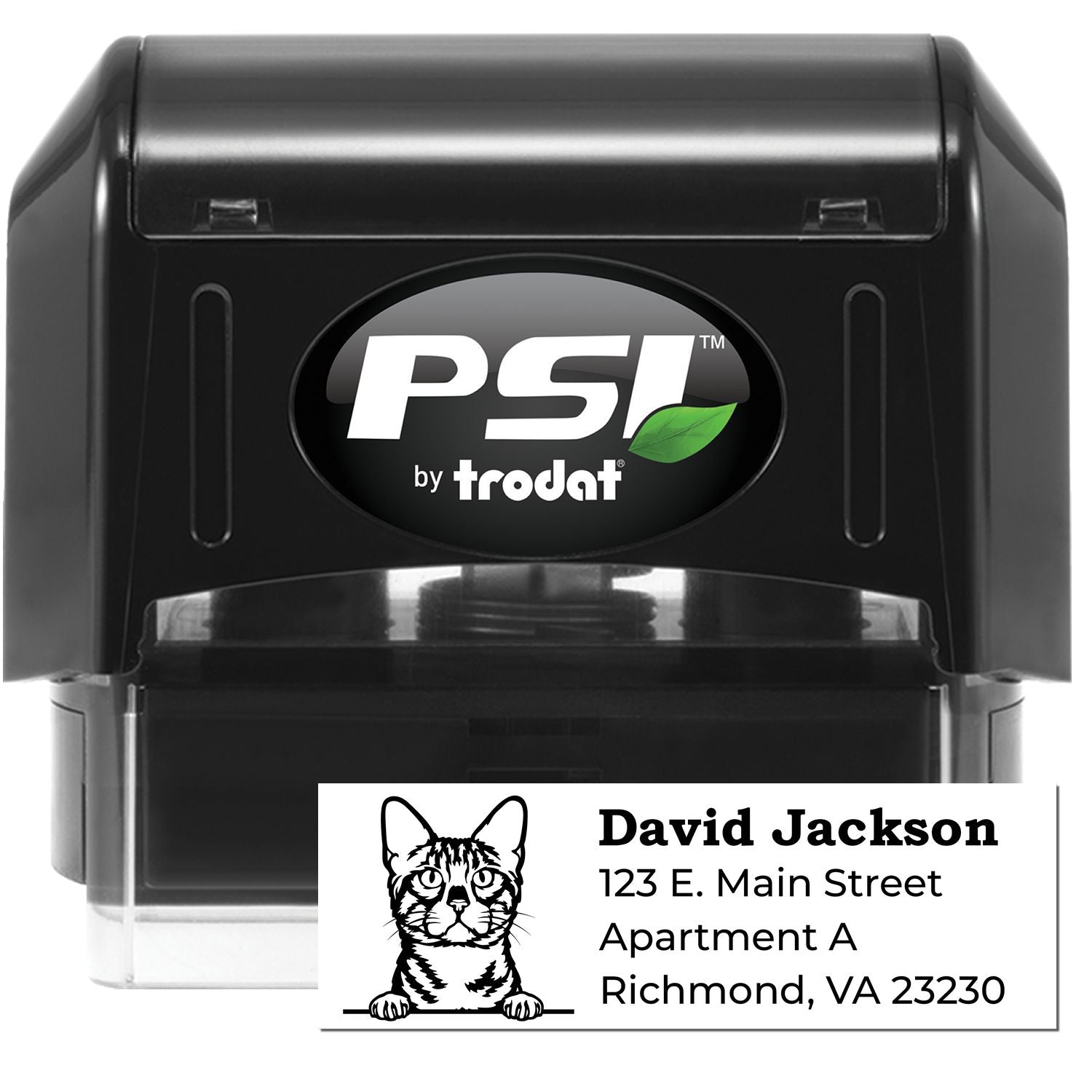 PSI Pre-Inked Peeking Bengal Cat Personalized Address Stamp featuring a black casing with a cute cat illustration and customizable address text. Perfect for adding a personal touch to your mail.