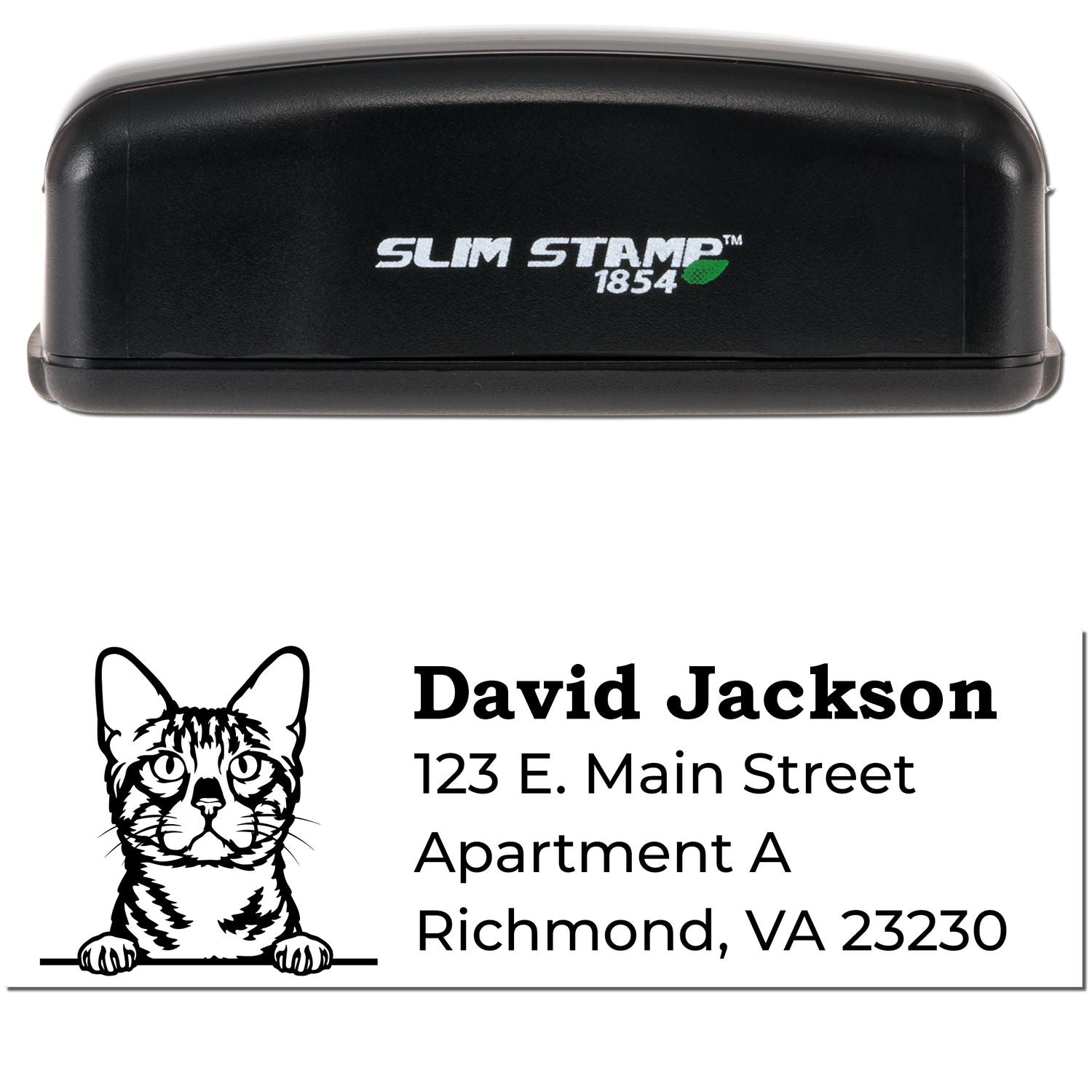 Slim Pre-Inked Bengal Peeking Cat Return Address Stamp with a black casing. Features a Bengal cat illustration above the address: David Jackson, 123 E. Main Street, Apartment A, Richmond, VA 23230.