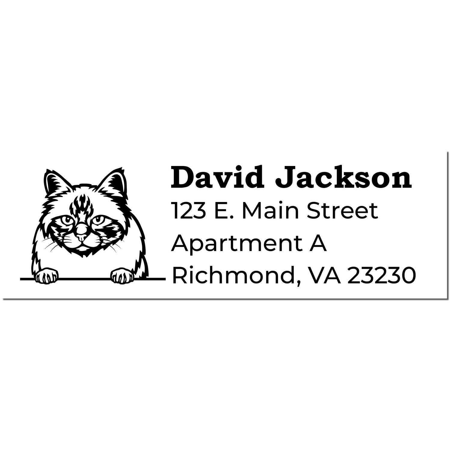 Wood Handle Birman Cat Address Stamp featuring a detailed Birman cat illustration beside customizable address text. Ideal for personalizing mail with a touch of feline charm.