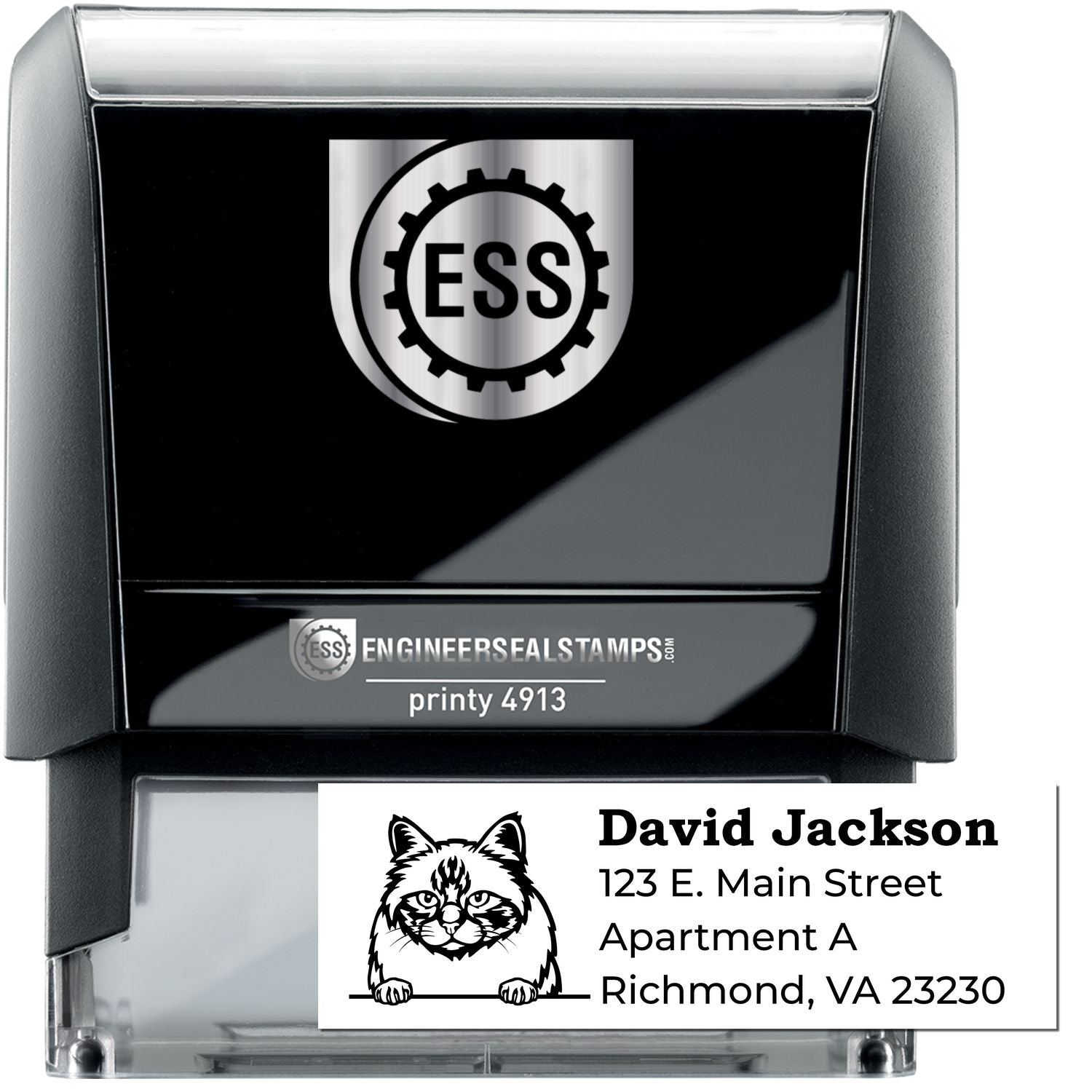 Self-Inking Birman Custom Address Stamp with a black casing, featuring a Birman cat design and sample address. Ideal for personalizing mail with ease and style.