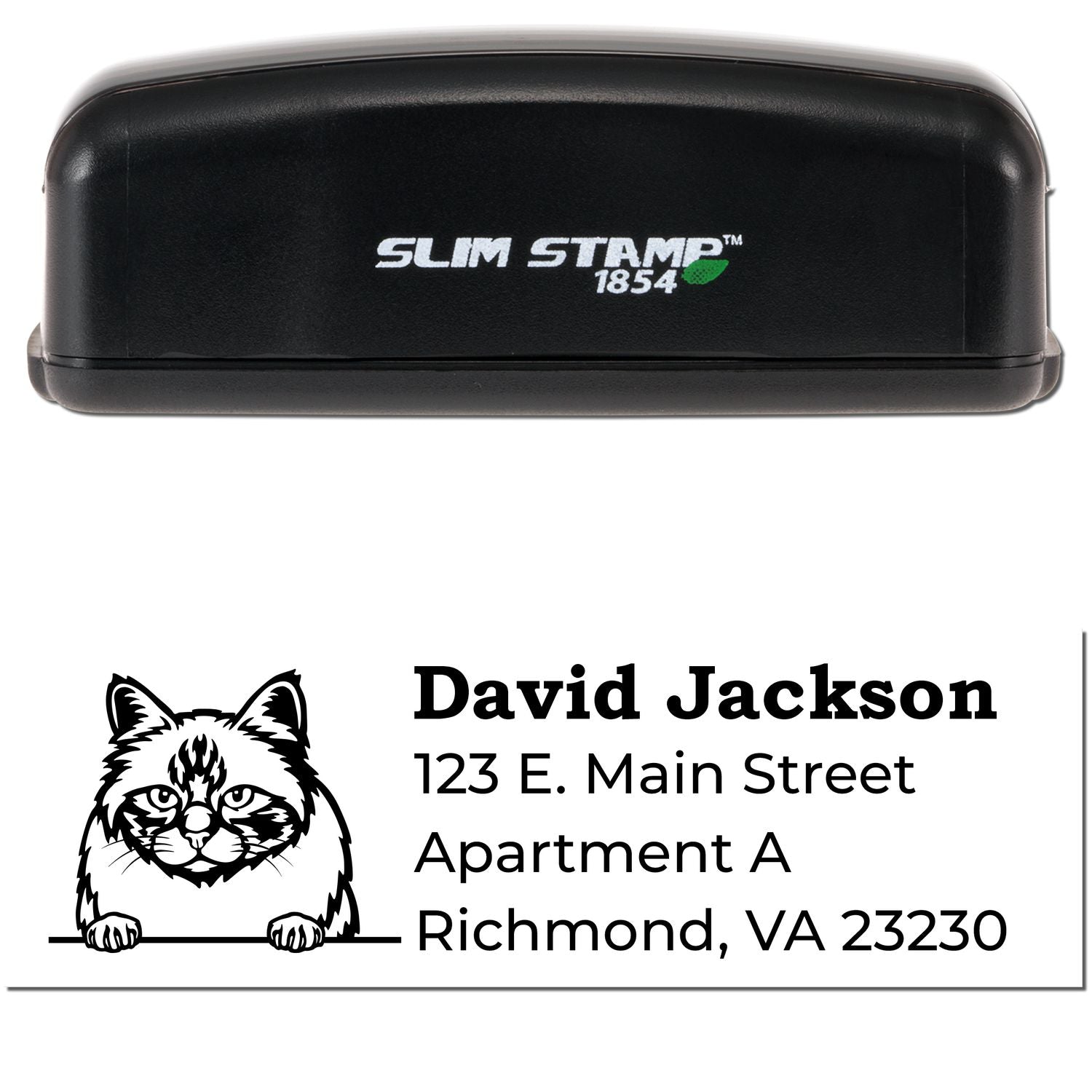 Slim Pre-Inked Birman Peeking Cat Return Address Stamp with a black casing. Features a cute Birman cat illustration above a sample address. Perfect for personalizing mail with style.