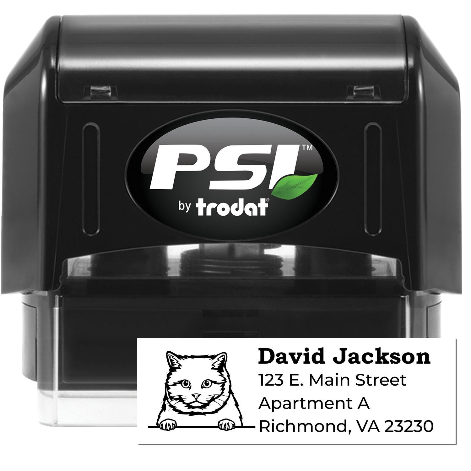 PSI Pre-Inked Peeking British Shorthair Cat Personalized Address Stamp with a black casing and a cute cat illustration. Customizable address area shown with sample text.