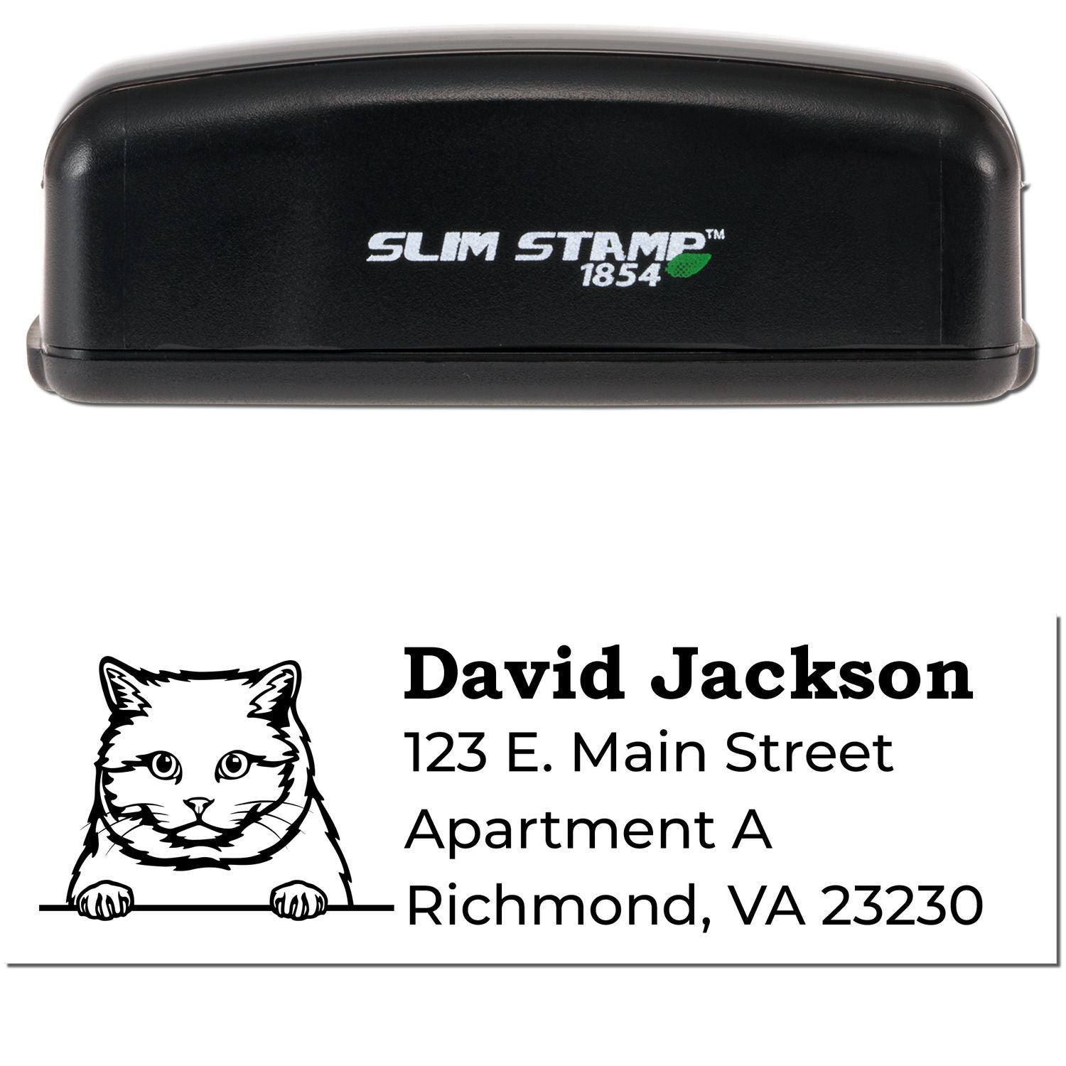 Slim Pre-Inked British Shorthair Peeking Cat Return Address Stamp with a black casing. Features a cute cat illustration above the address text. Perfect for personalizing mail with style.