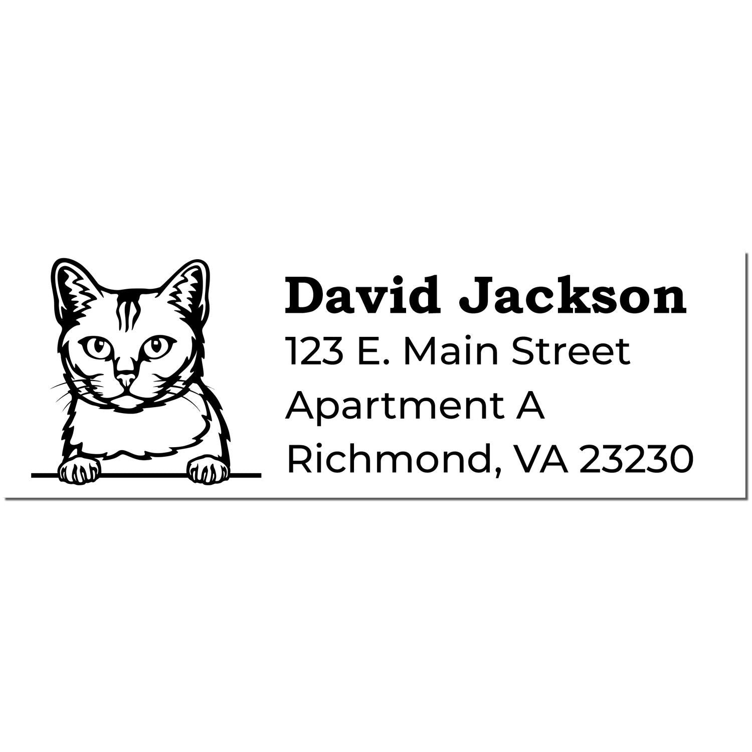 Wood Handle Burmilla Cat Address Stamp featuring a cute cat illustration beside a sample address layout. Perfect for personalizing mail with a touch of feline charm.