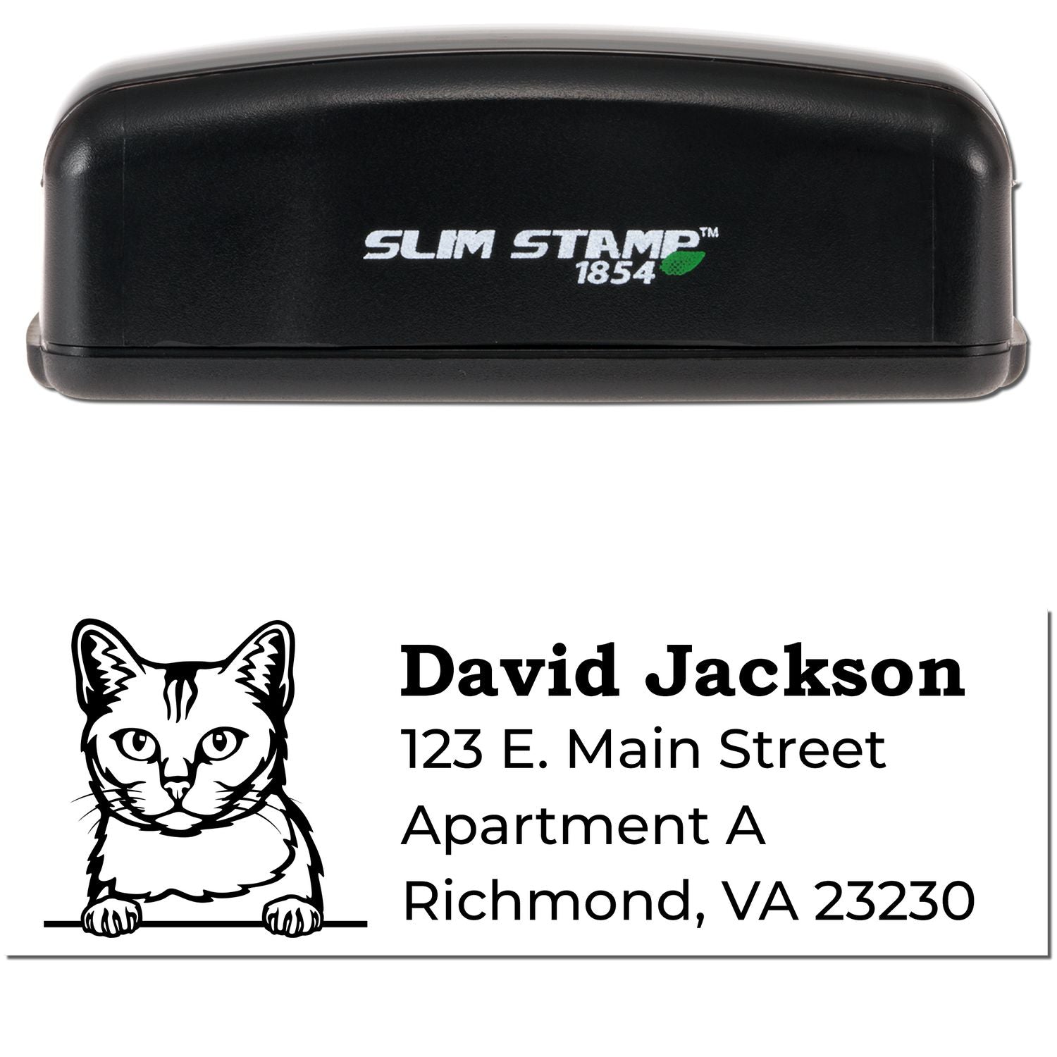 Slim Pre-Inked Burmilla Peeking Cat Return Address Stamp with a black case. Features a cute cat illustration above the address text. Perfect for personalizing mail with style and ease.